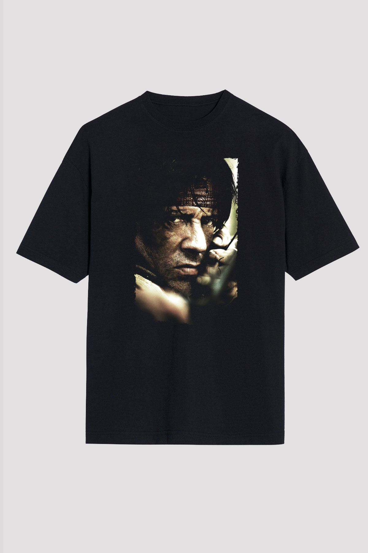 Unisex Rambo Baskılı Siyah Oversize T-shirt