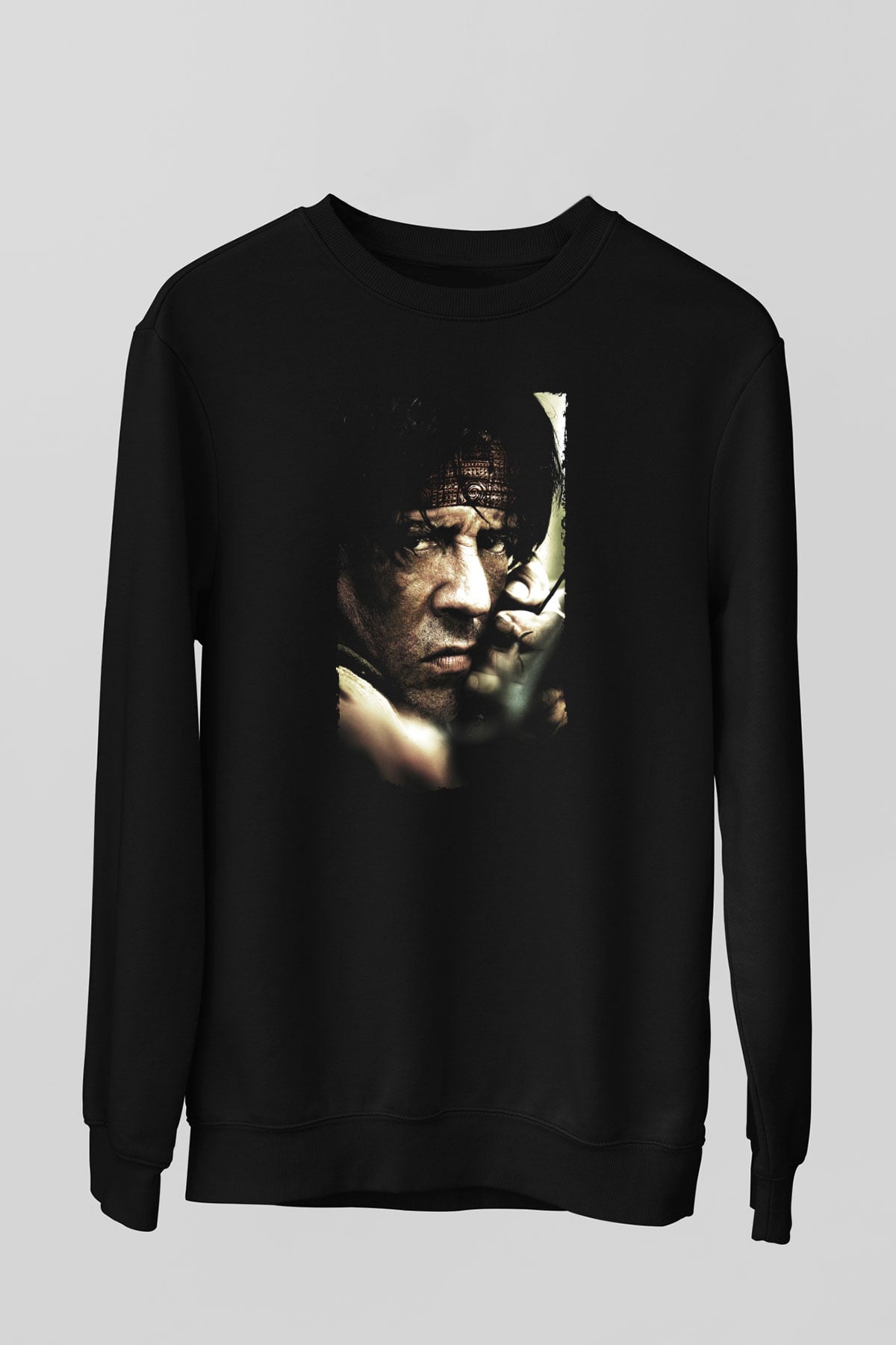 Unisex Rambo Baskılı Siyah Sweatshirt