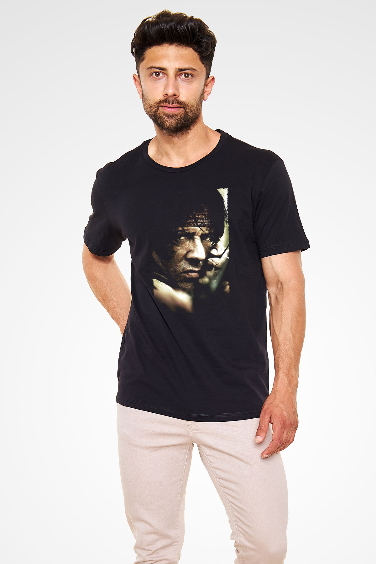 Unisex Rambo Baskılı Siyah T-Shirt