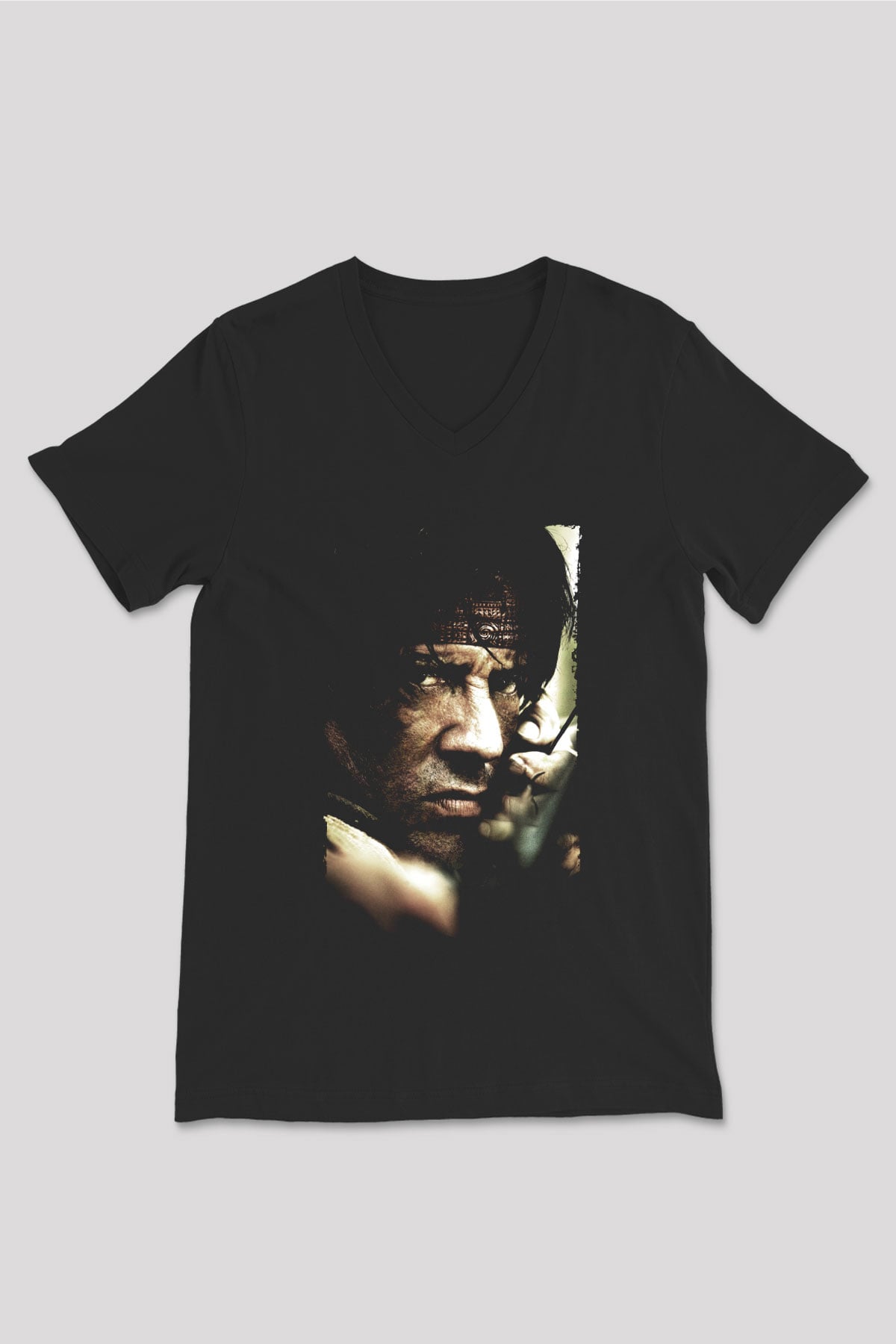 Unisex Rambo Baskılı Siyah V Yaka T-shirt