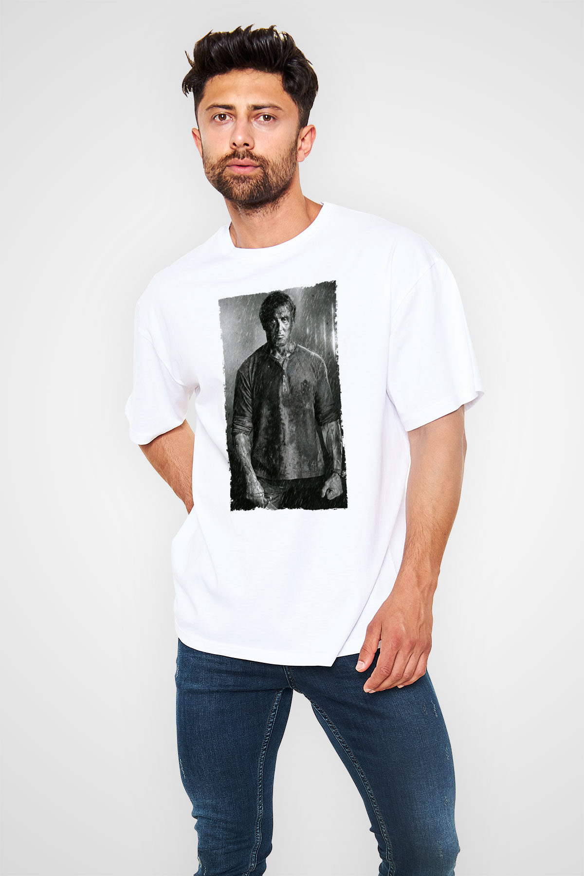 Unisex Rambo Son Kan (Rambo Last Blood) Baskılı Beyaz Oversize Tişört