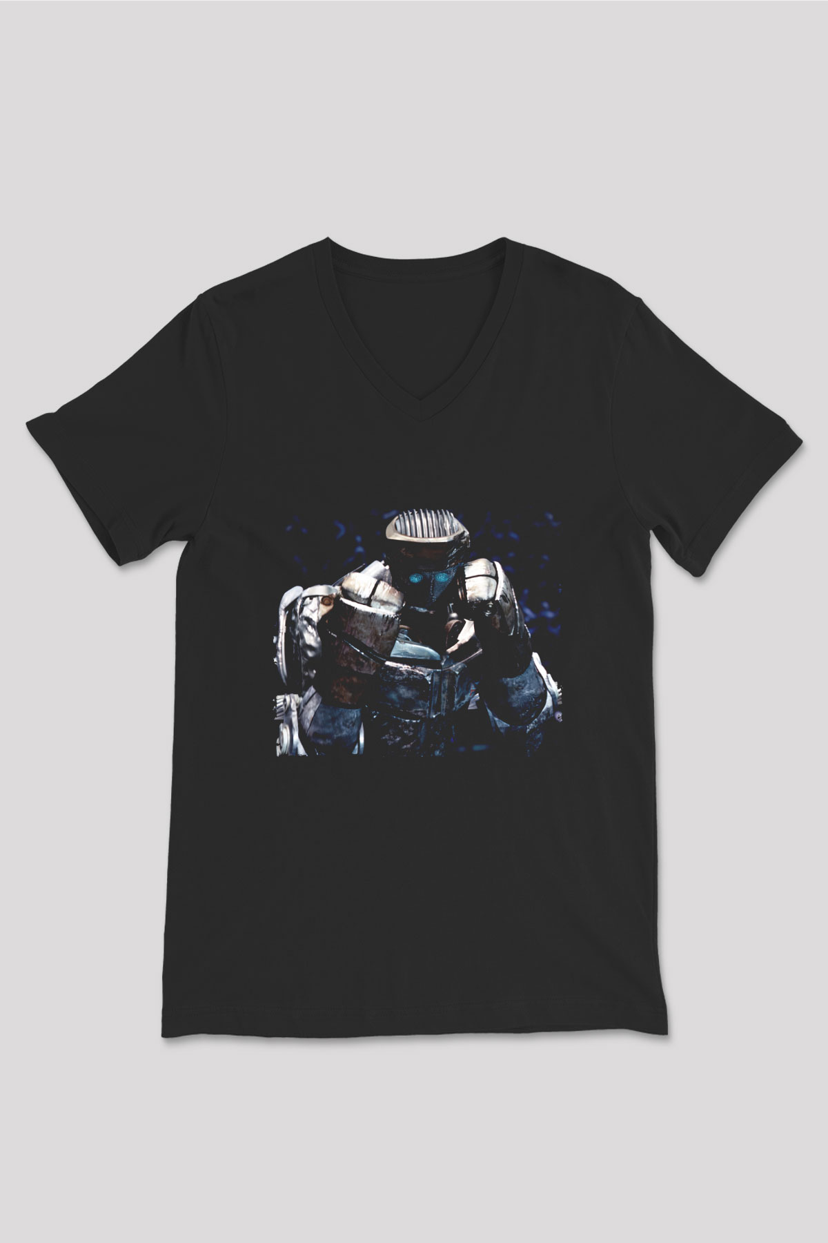 Unisex Real Steel Baskılı Siyah V Yaka Tişört