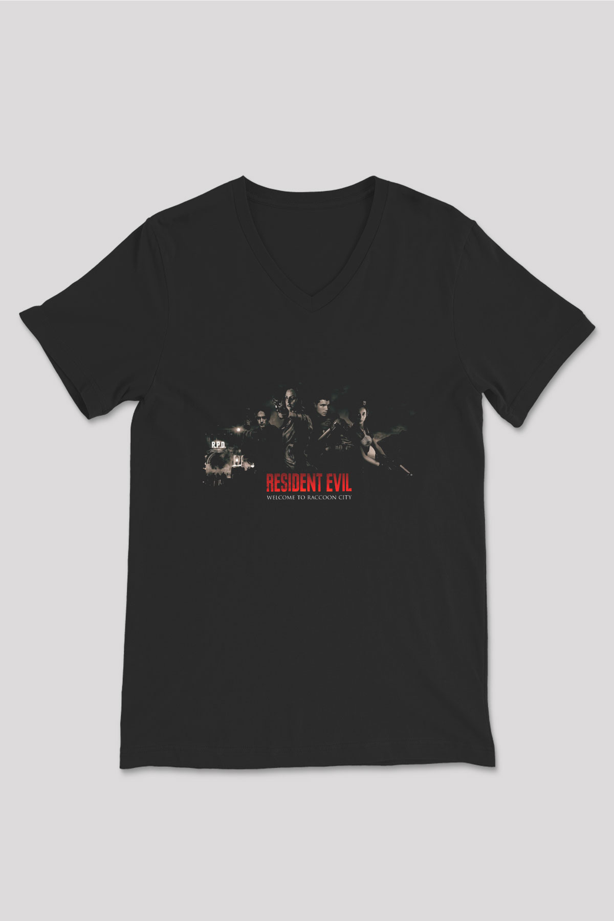 Unisex Resident Evil Baskılı Siyah V Yaka T-shirt