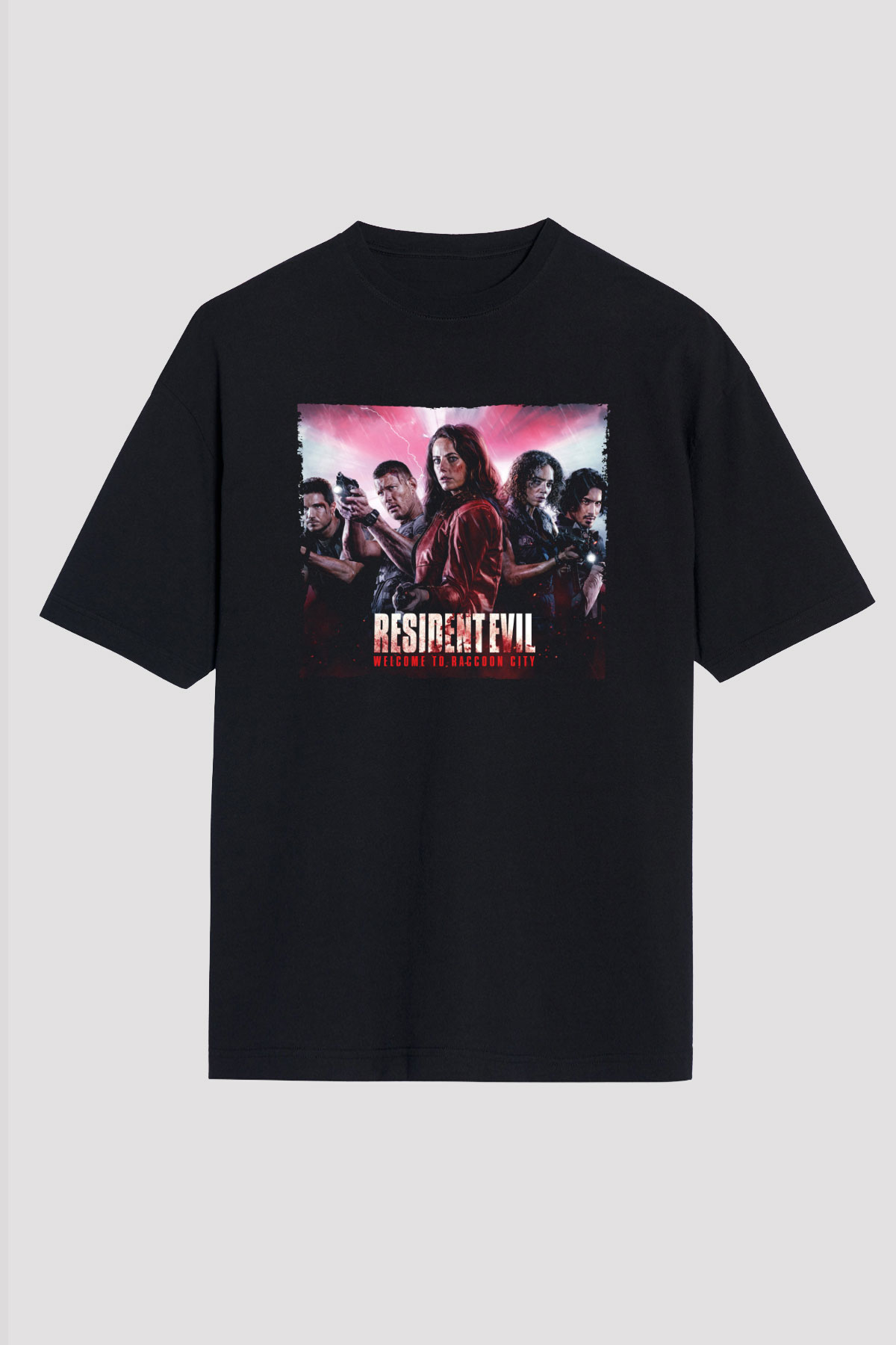 Unisex Resident Evil Raccoon Şehri (Resident Evil Welcome to Raccoon City) Baskılı Siyah Oversize Tişört