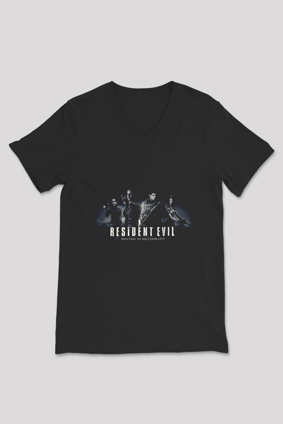 Unisex Resident Evil Raccoon Şehri (Resident Evil Welcome to Raccoon City) Baskılı Siyah V Yaka T-shirt