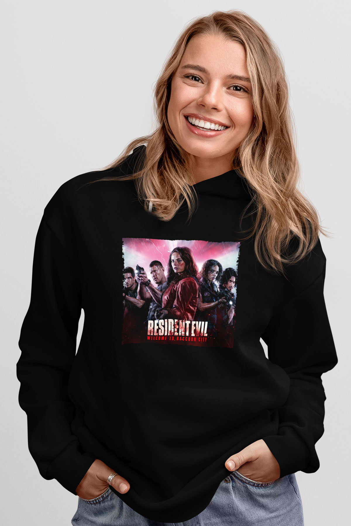 Unisex Resident Evil Raccoon Şehri (Resident Evil Welcome to Raccoon City) Baskılı Siyah Kapüşonlu Sweatshirt