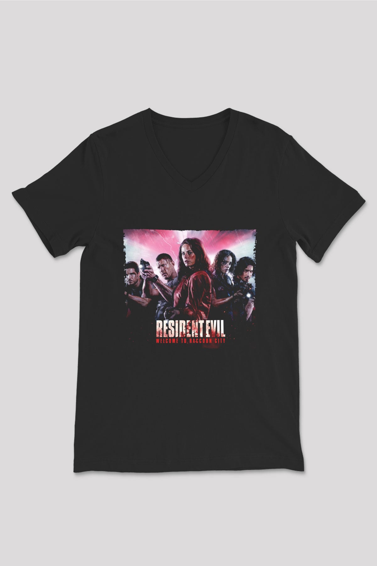 Unisex Resident Evil Raccoon Şehri (Resident Evil Welcome to Raccoon City) Baskılı Siyah V Yaka Tişört