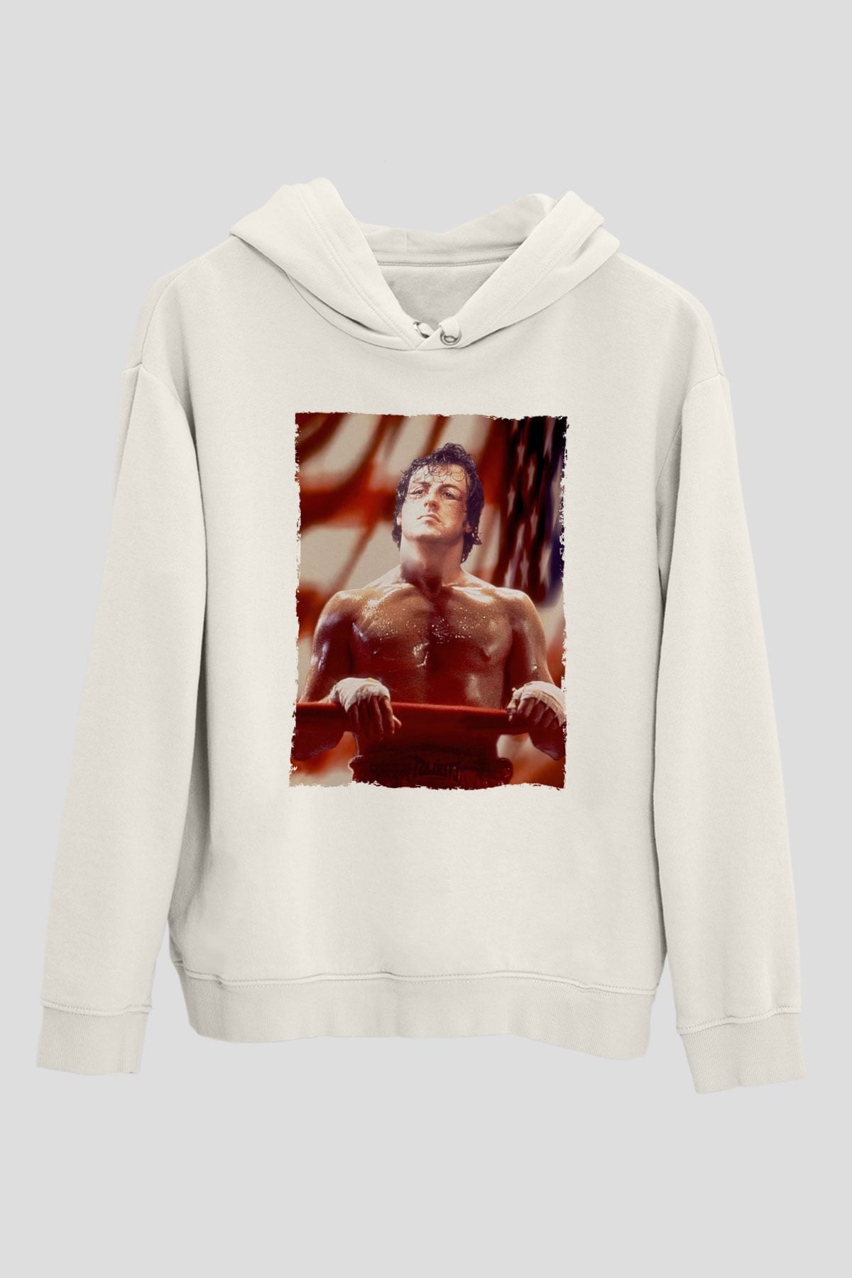 Unisex Rocky Baskılı Beyaz Kapüşonlu Sweatshirt