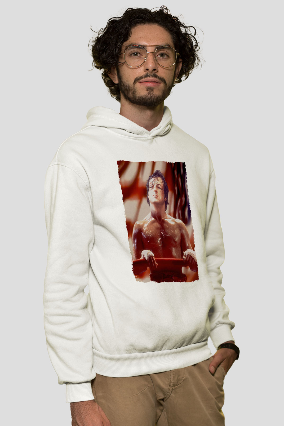 Unisex Rocky Baskılı Beyaz Kapüşonlu Sweatshirt