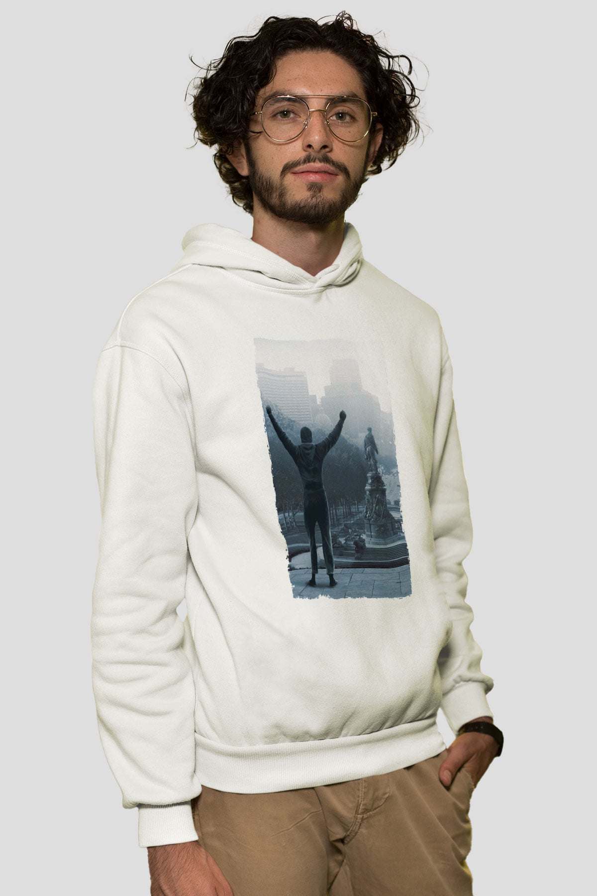 Unisex Rocky Baskılı Beyaz Kapüşonlu Sweatshirt