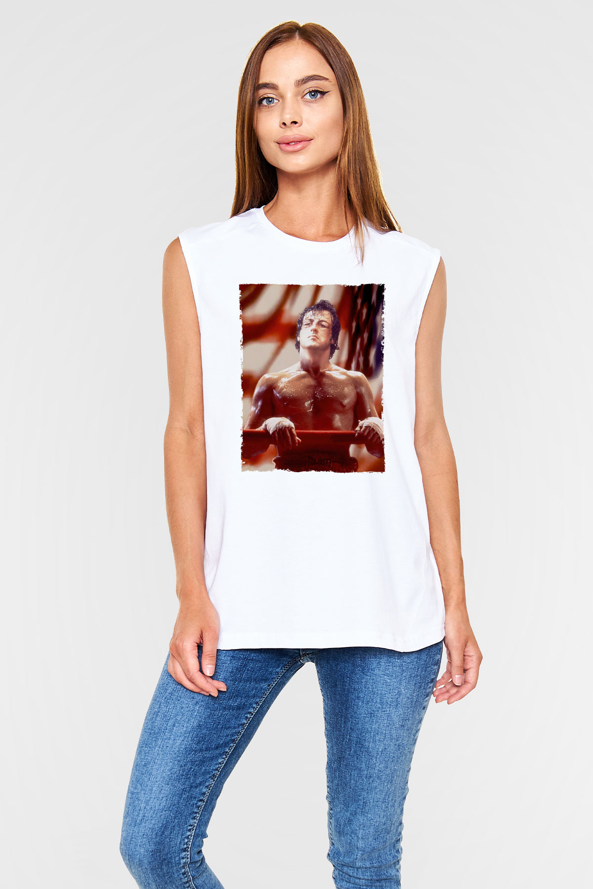 Unisex Rocky Baskılı Beyaz Kolsuz Tişört