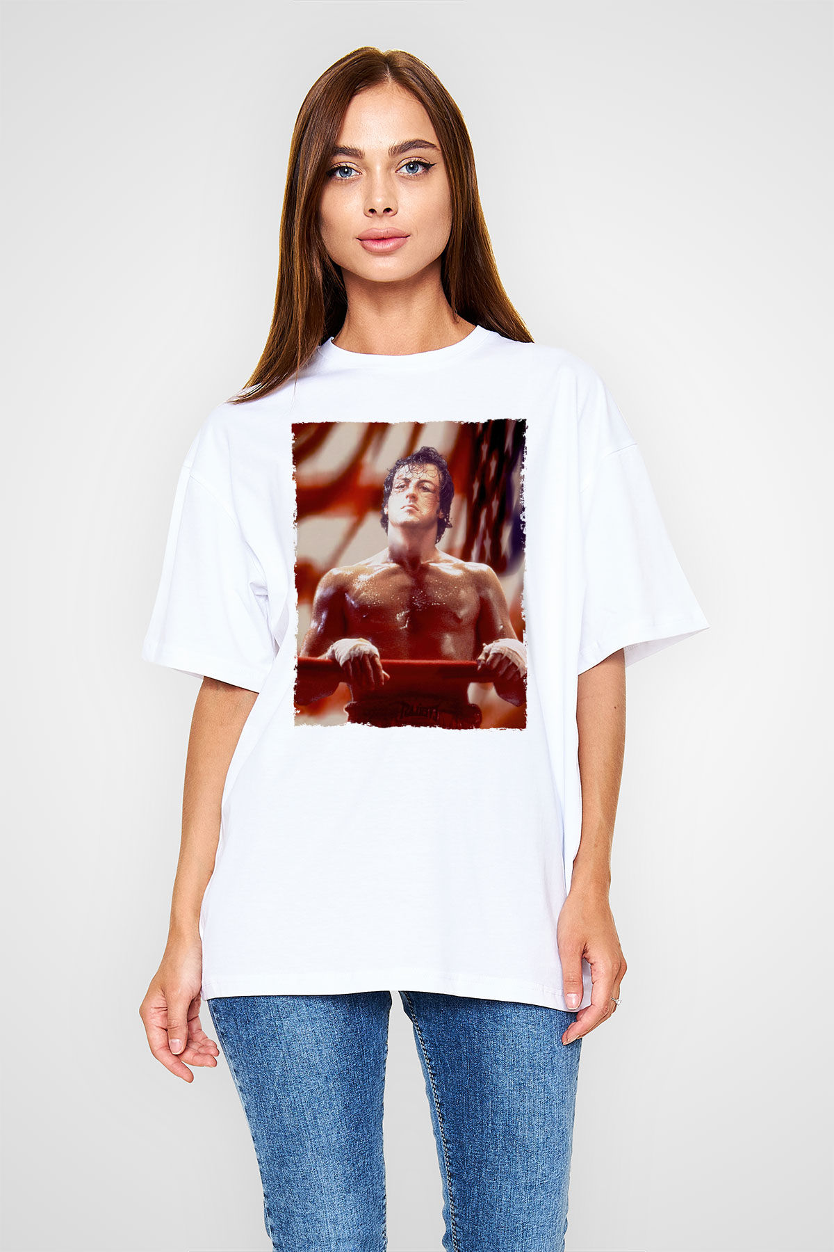 Unisex Rocky Baskılı Beyaz Oversize Tişört