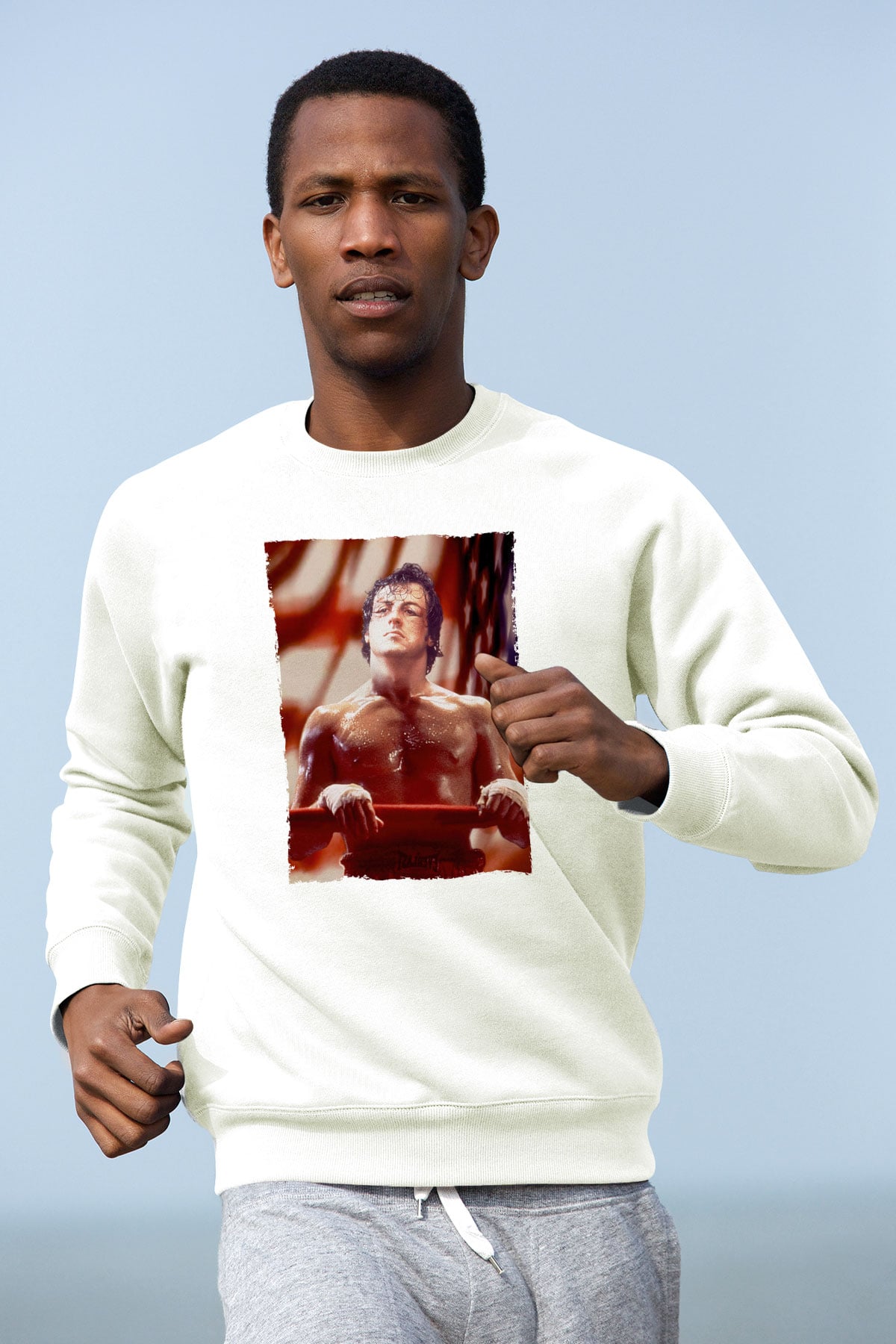 Unisex Rocky Baskılı Beyaz Sweatshirt
