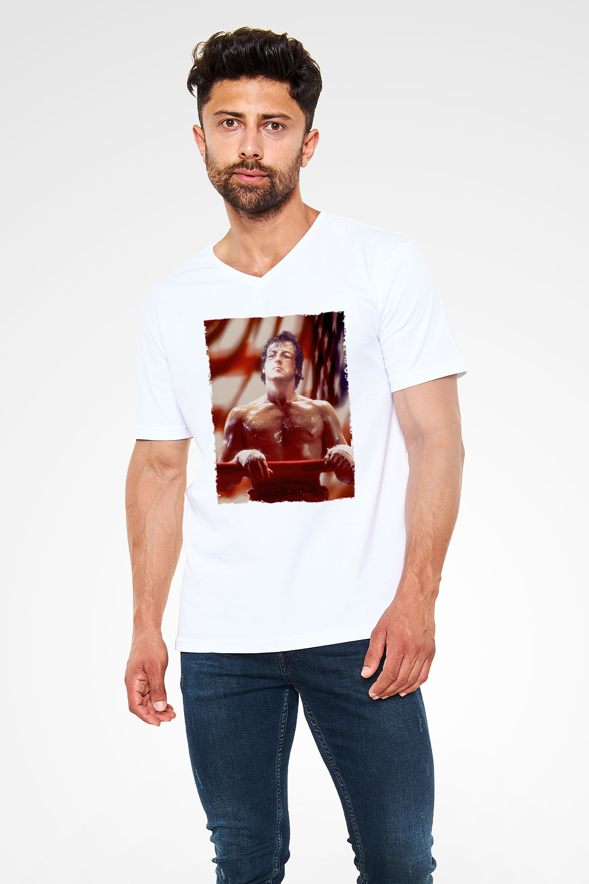 Unisex Rocky Baskılı Beyaz V Yaka Tişört