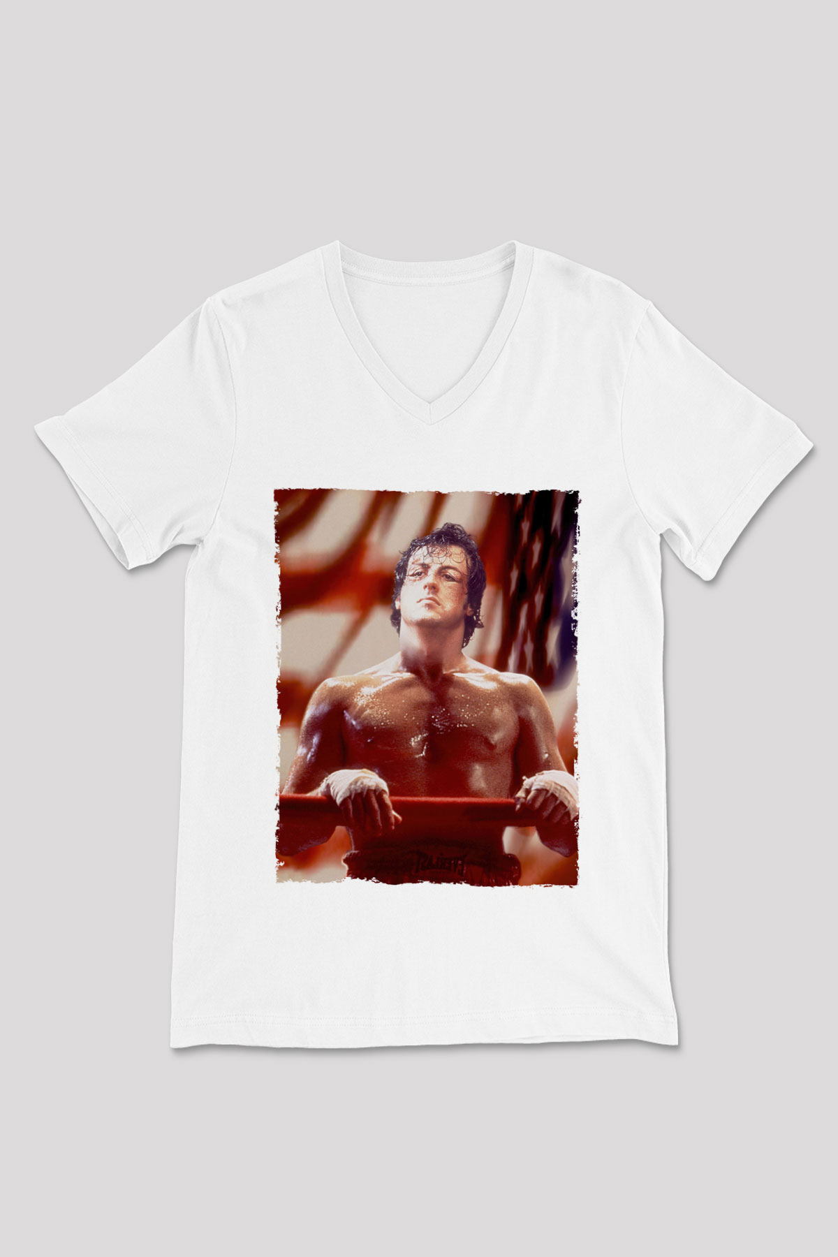 Unisex Rocky Baskılı Beyaz V Yaka Tişört