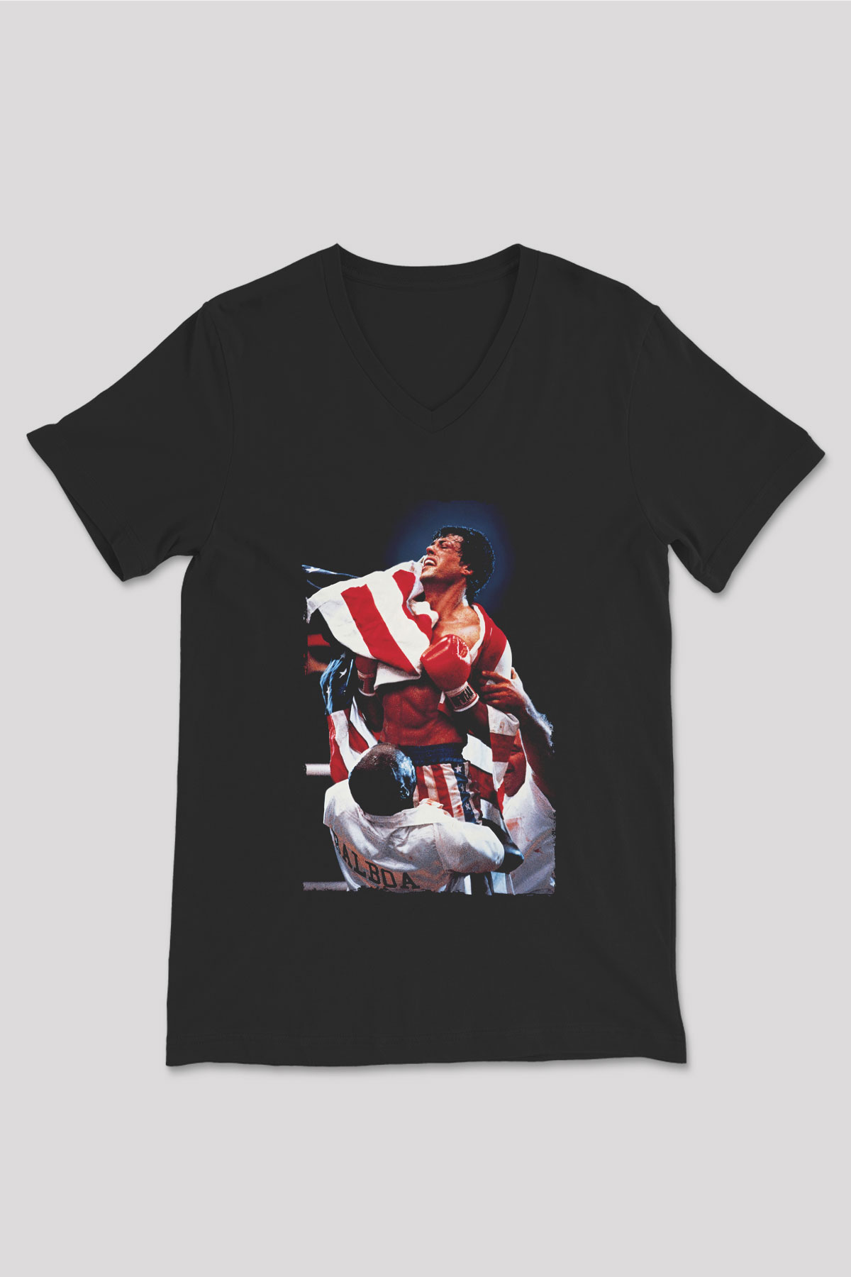 Unisex Rocky IV Baskılı Siyah V Yaka Tshirt