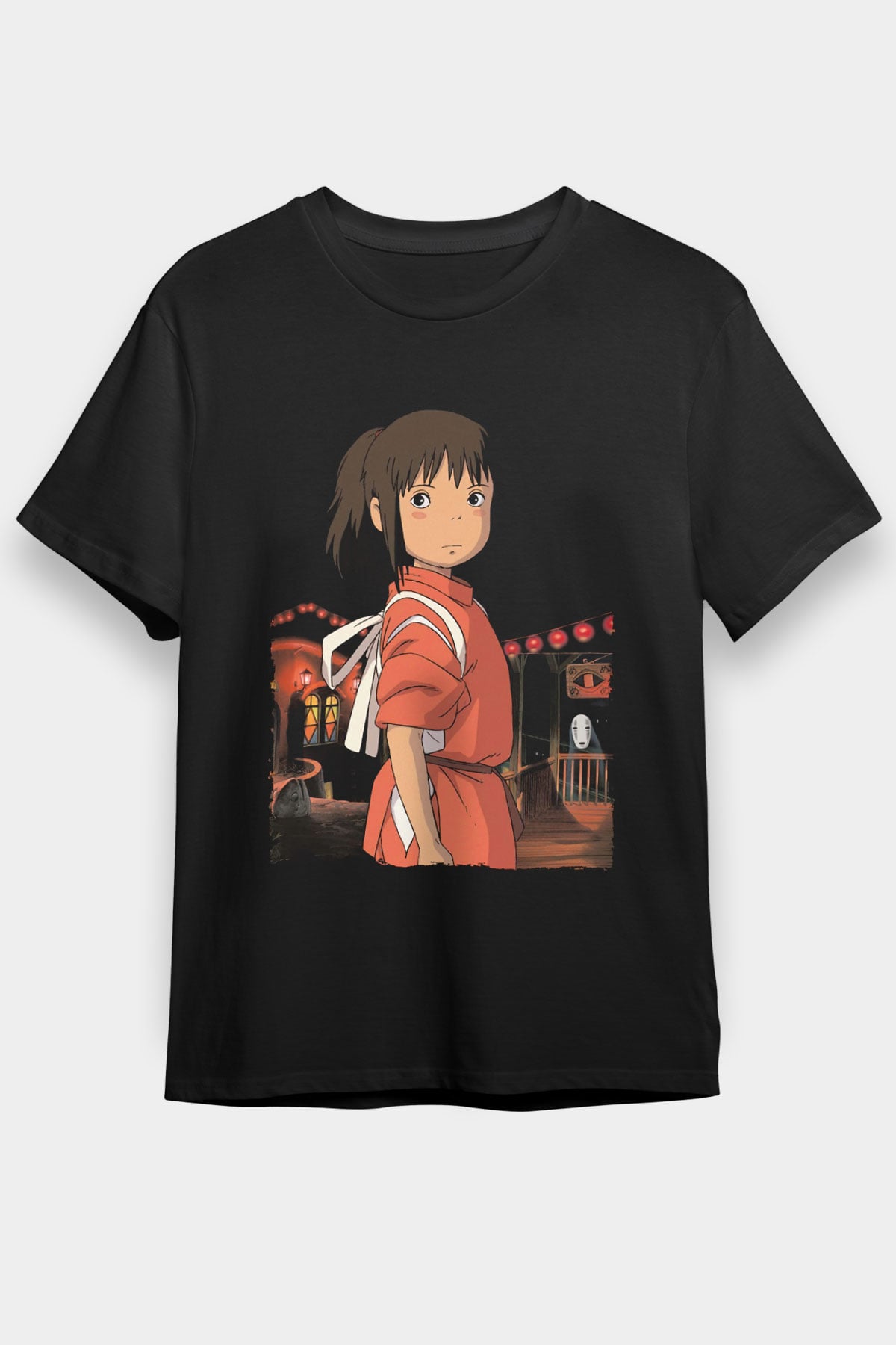 Unisex Ruhların Kaçışı (Spirited Away) Baskılı Siyah Tişört