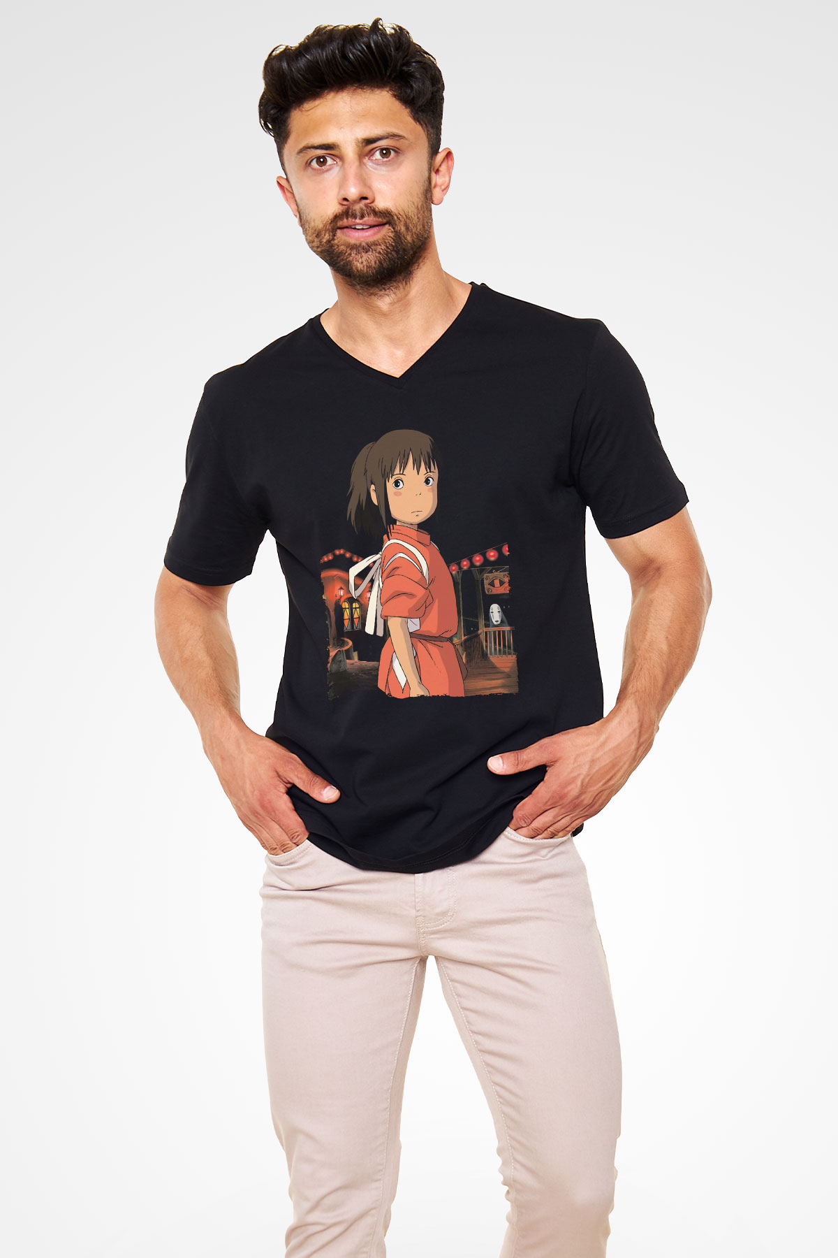 Unisex Ruhların Kaçışı (Spirited Away) Baskılı Siyah V Yaka Tişört