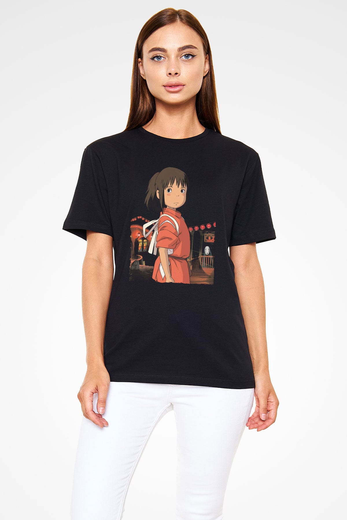 Unisex Ruhların Kaçışı (Spirited Away) Baskılı Siyah Tişört