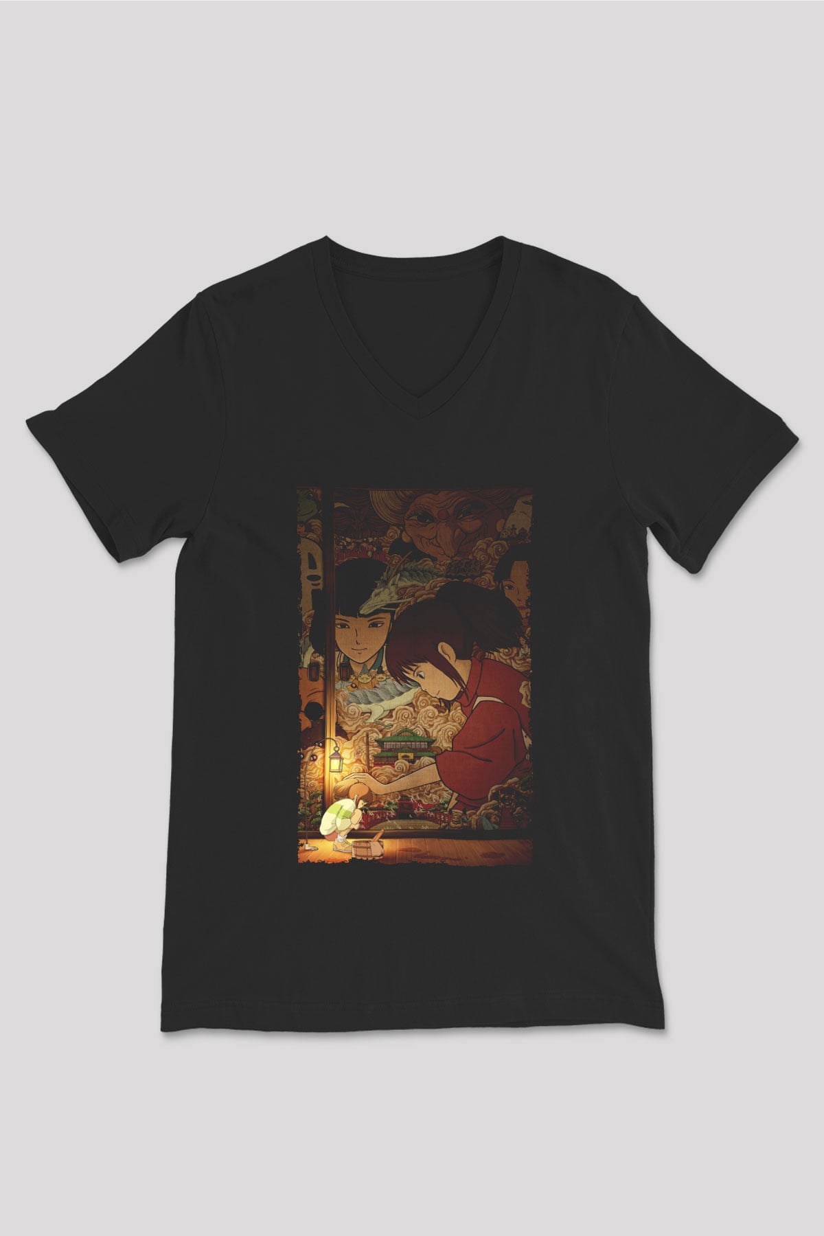 Unisex Ruhların Kaçışı (Spirited Away) Baskılı Siyah V Yaka T-shirt