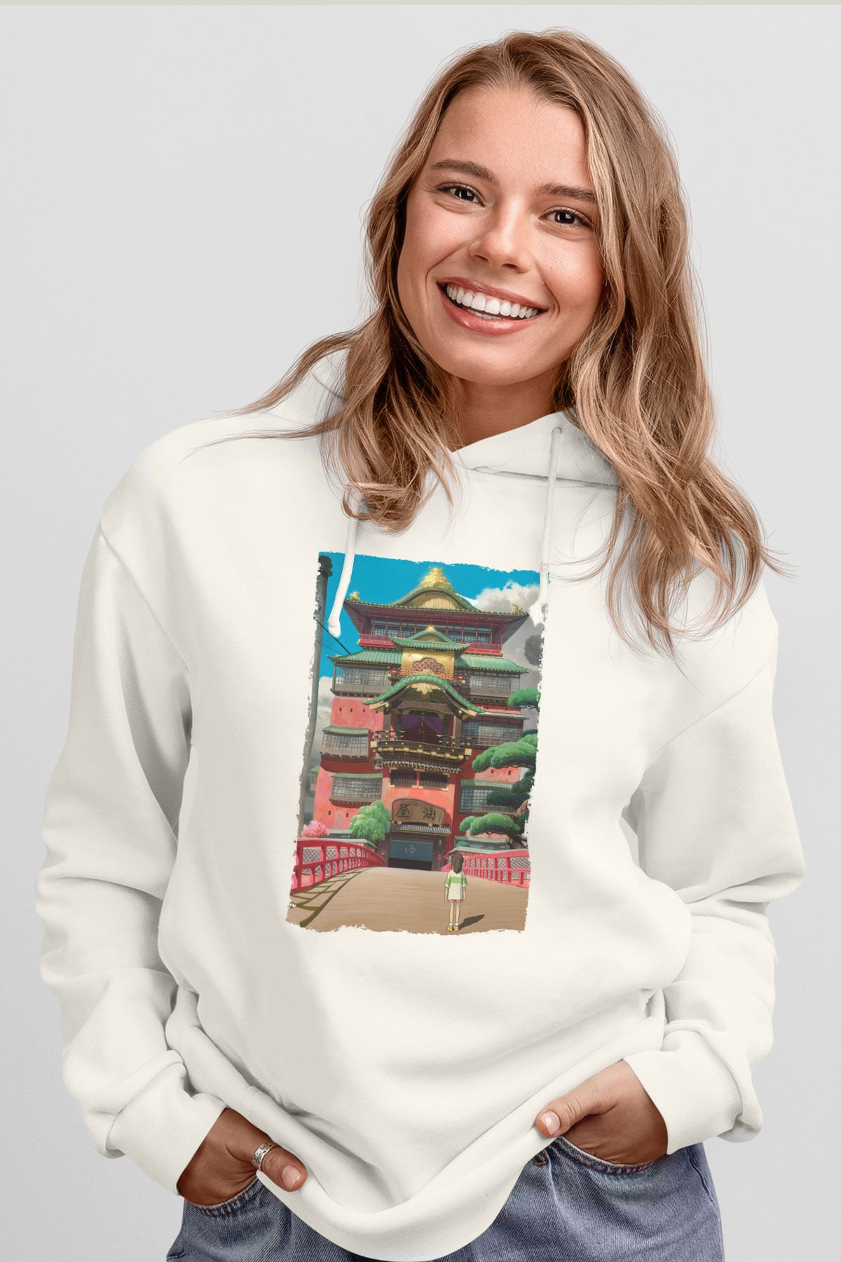 Unisex Ruhların Kaçışı (Spirited Away) Baskılı Beyaz Kapüşonlu Sweatshirt