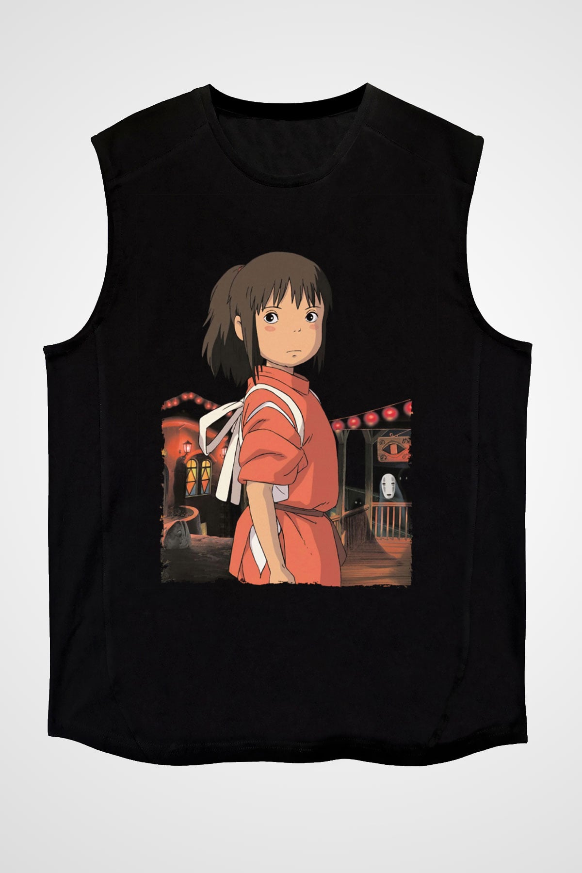 Unisex Ruhların Kaçışı (Spirited Away) Baskılı Siyah Kolsuz Tişört