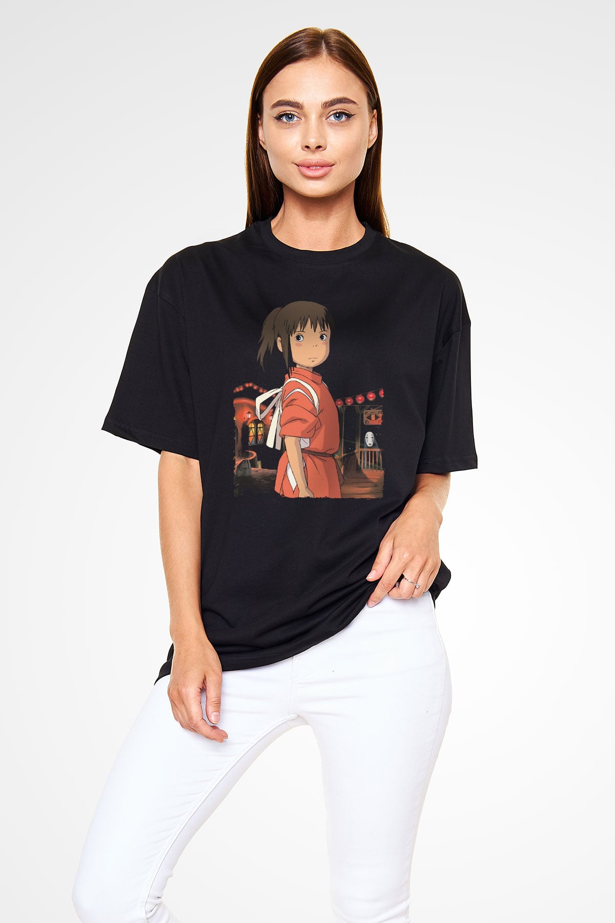 Unisex Ruhların Kaçışı (Spirited Away) Baskılı Siyah Oversize Tişört