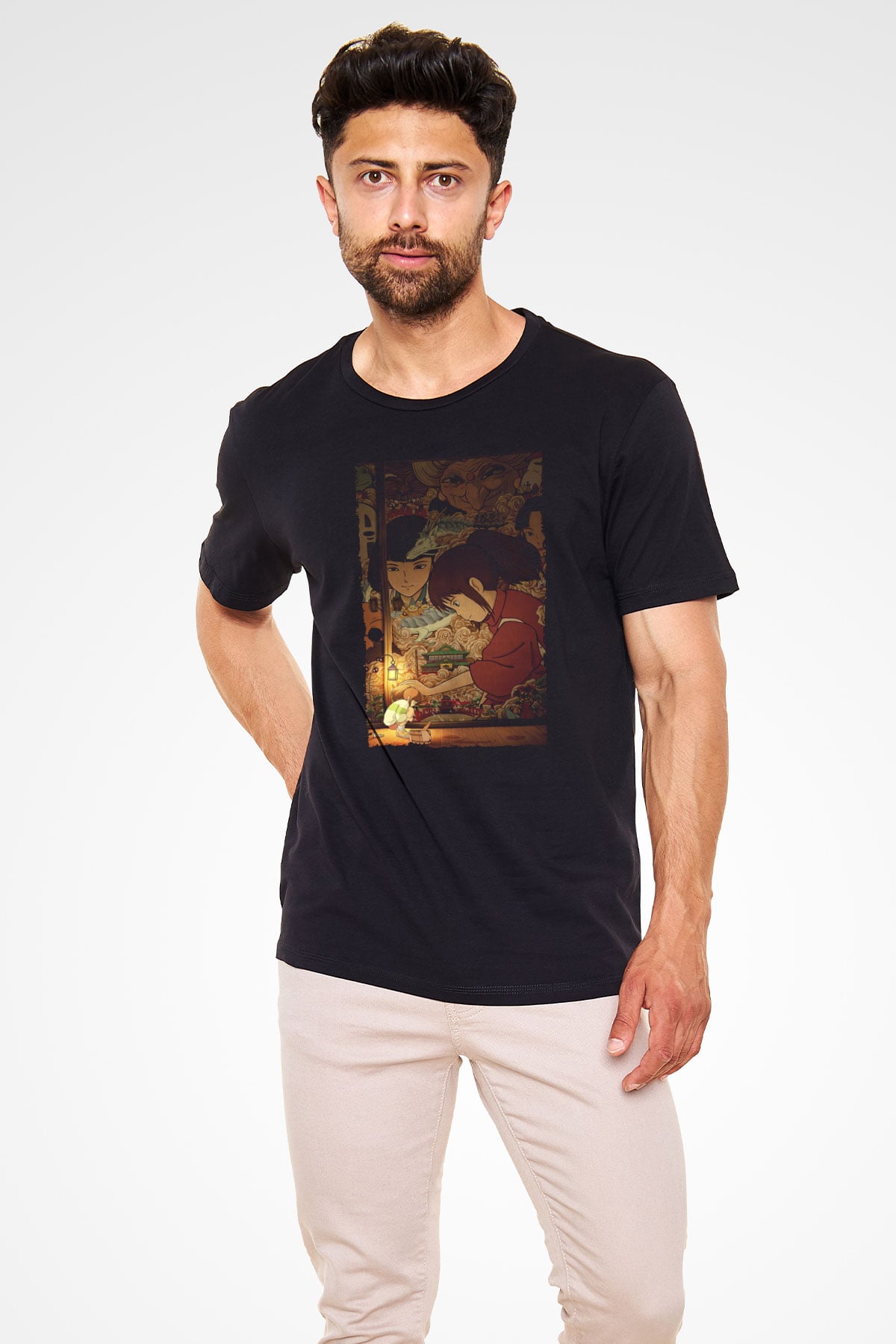 Unisex Ruhların Kaçışı (Spirited Away) Baskılı Siyah T-Shirt