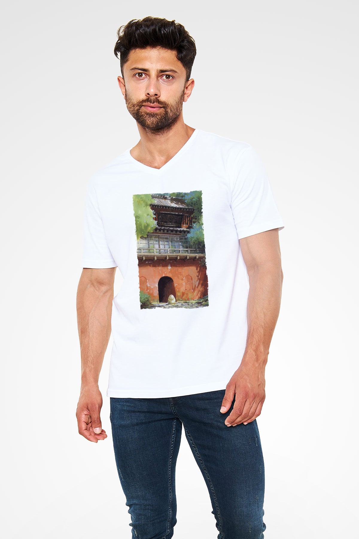 Unisex Ruhların Kaçışı (Spirited Away) Baskılı Beyaz V Yaka Tshirt
