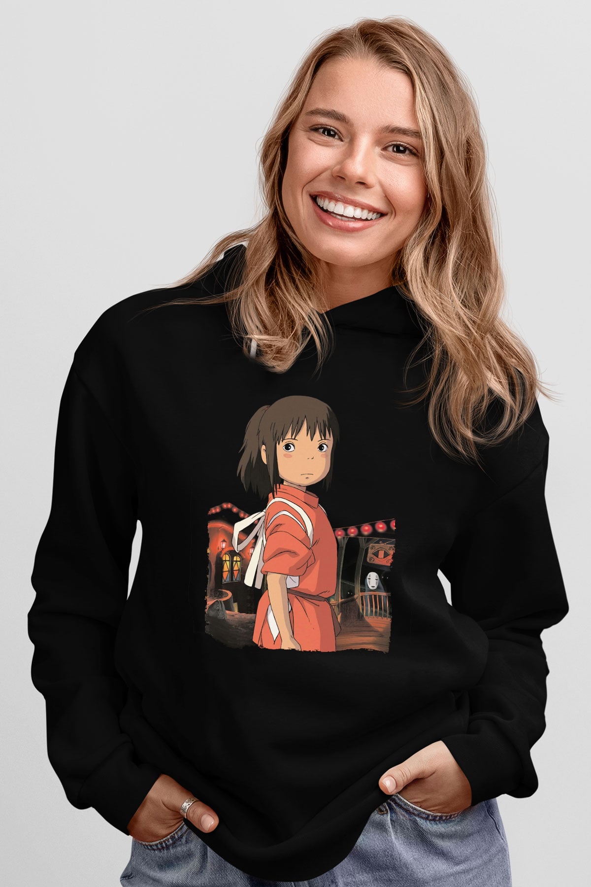 Unisex Ruhların Kaçışı (Spirited Away) Baskılı Siyah Kapüşonlu Sweatshirt