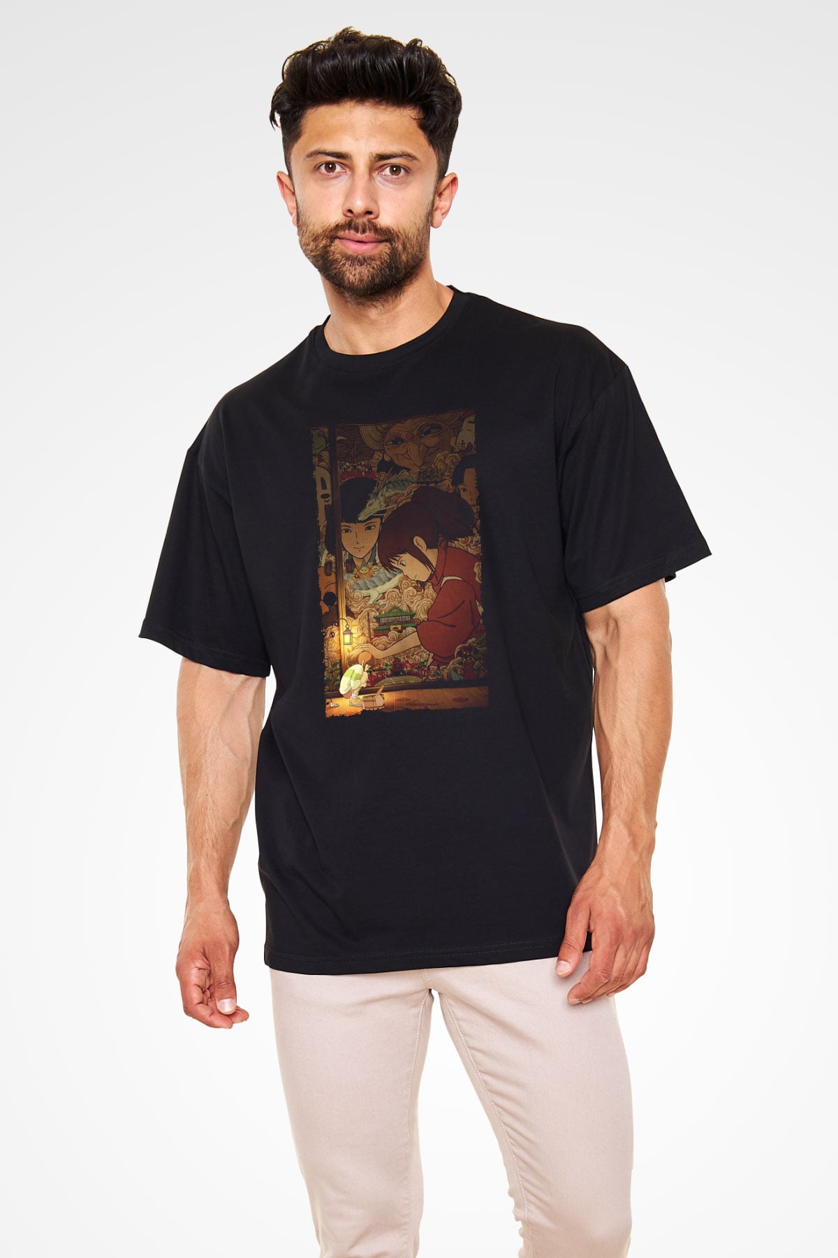 Unisex Ruhların Kaçışı (Spirited Away) Baskılı Siyah Oversize T-shirt