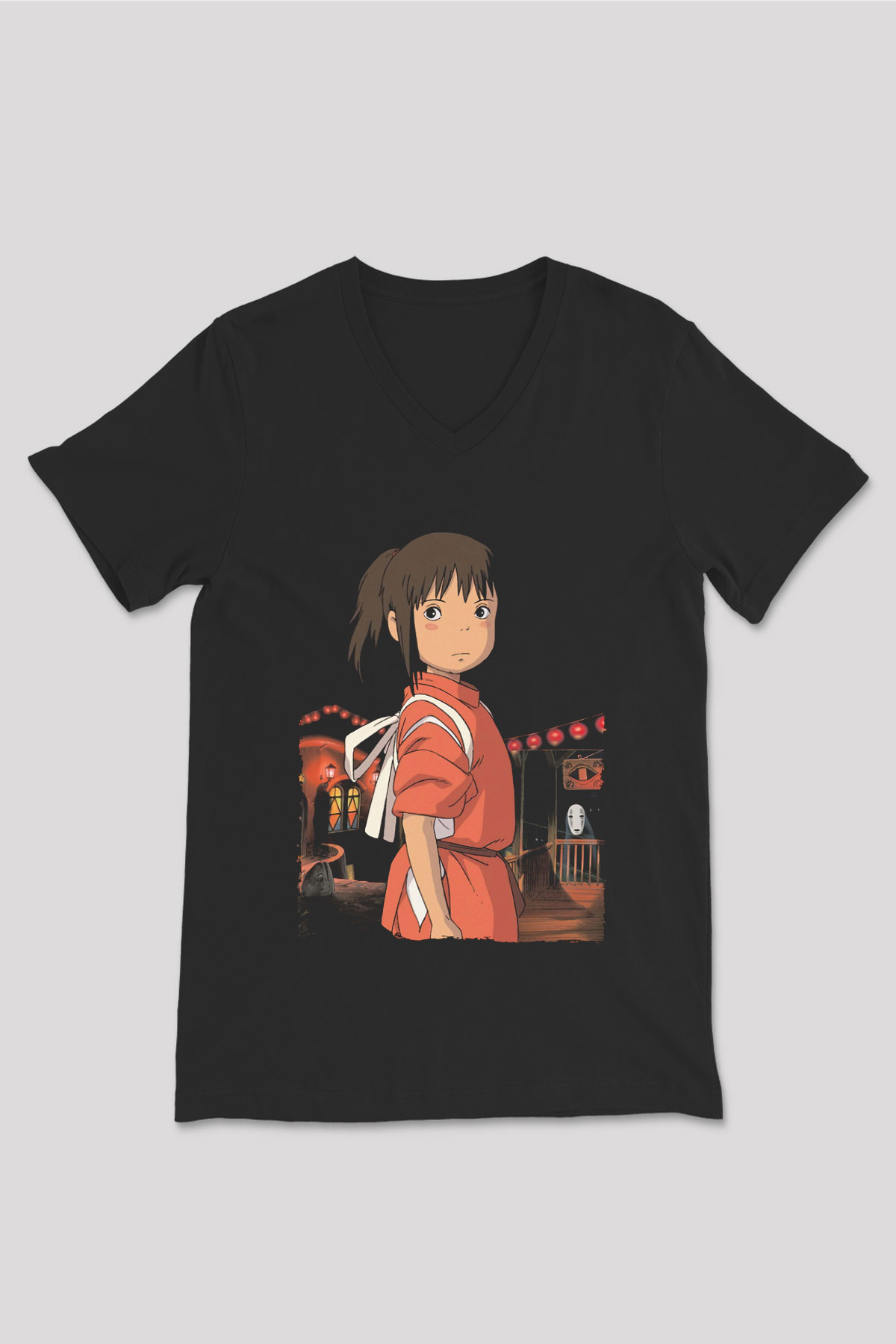 Unisex Ruhların Kaçışı (Spirited Away) Baskılı Siyah V Yaka Tişört