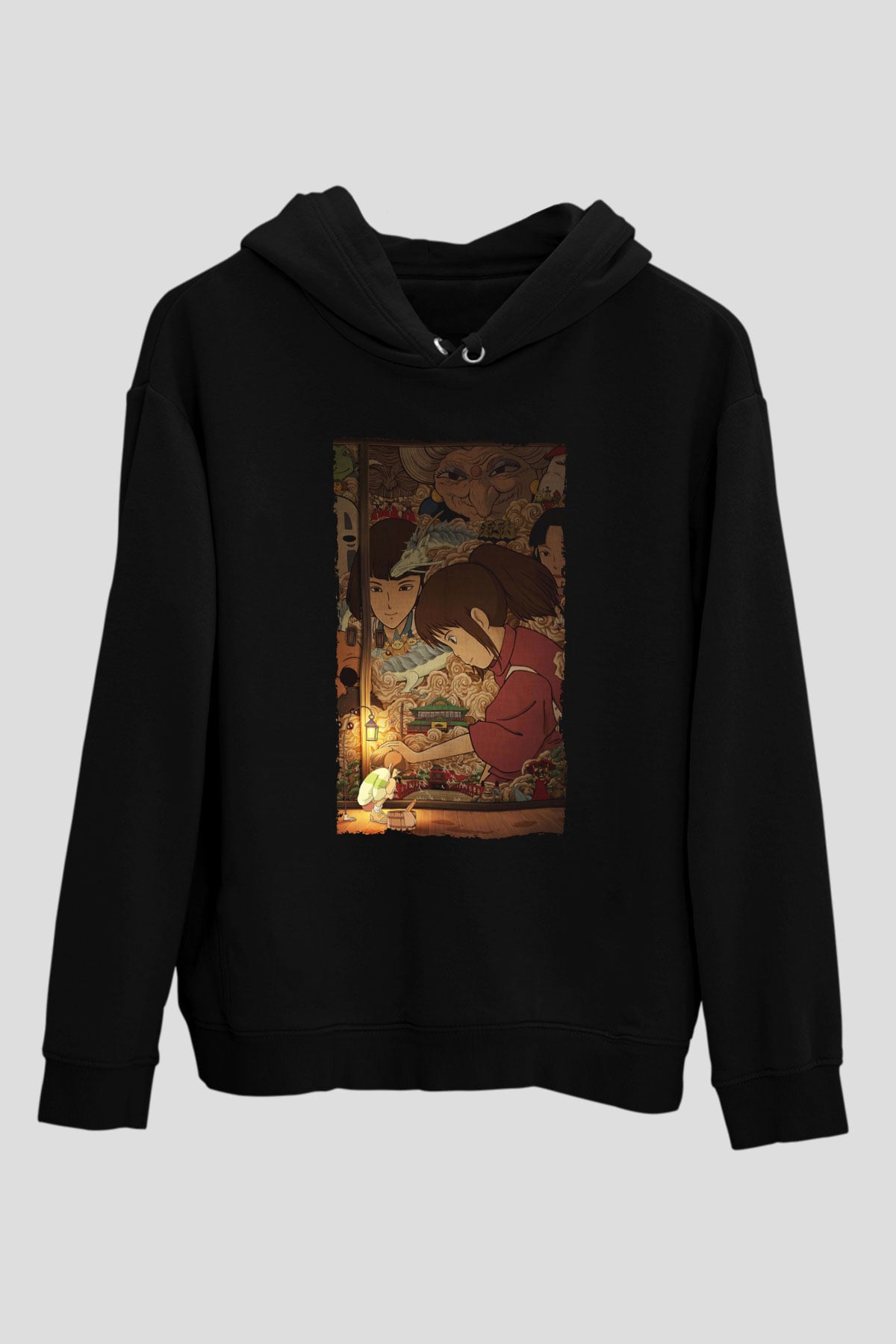 Unisex Ruhların Kaçışı (Spirited Away) Baskılı Siyah Kapüşonlu Sweatshirt