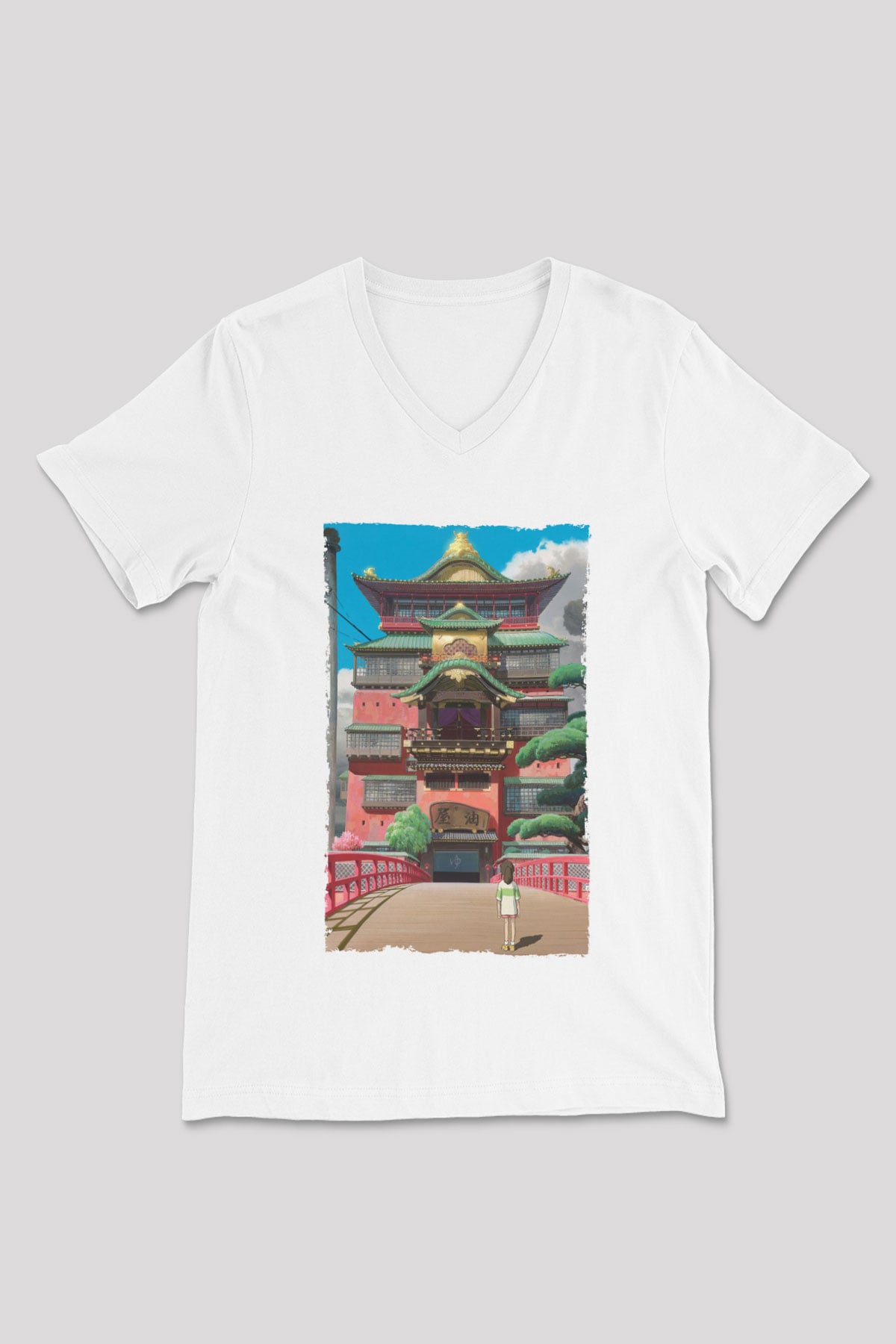 Unisex Ruhların Kaçışı (Spirited Away) Baskılı Beyaz V Yaka T-shirt