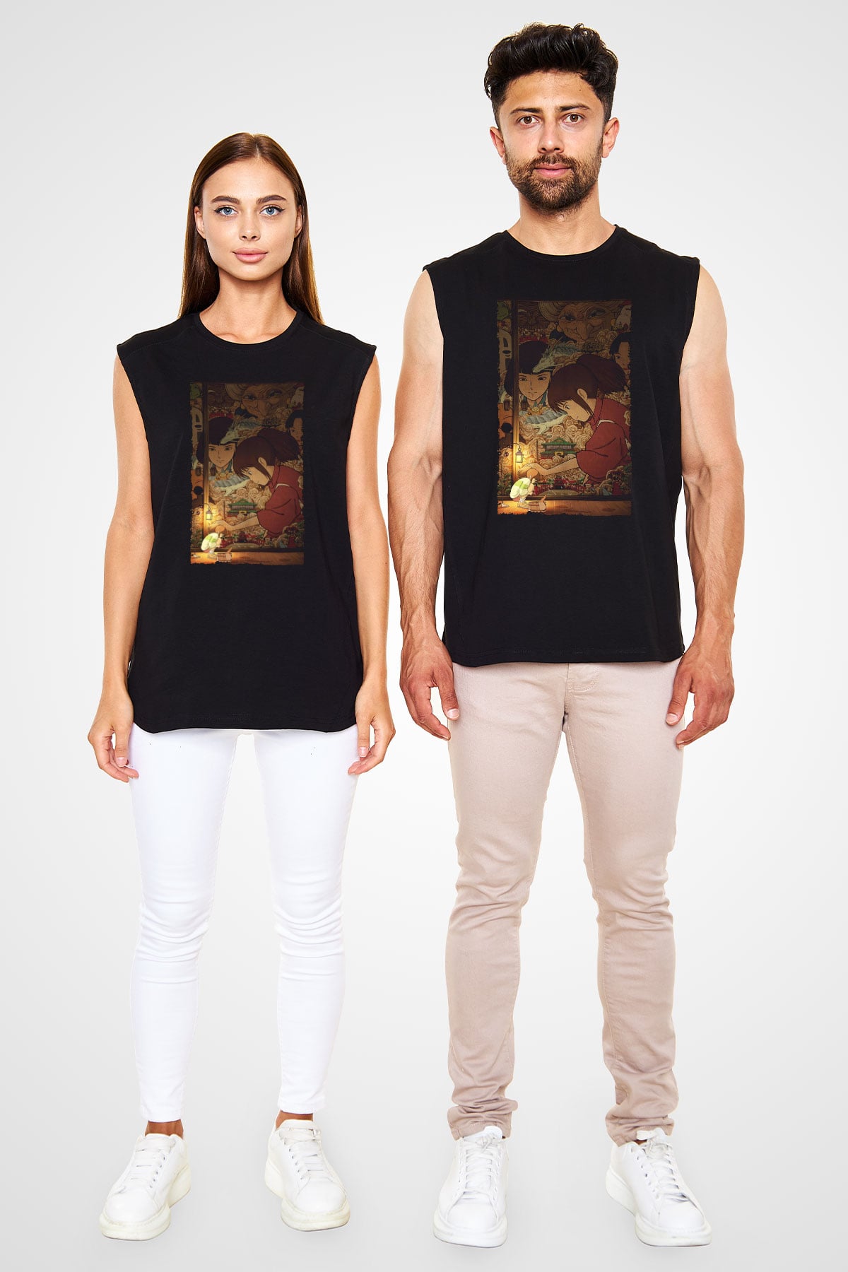 Unisex Ruhların Kaçışı (Spirited Away) Baskılı Siyah Kolsuz T-shirt