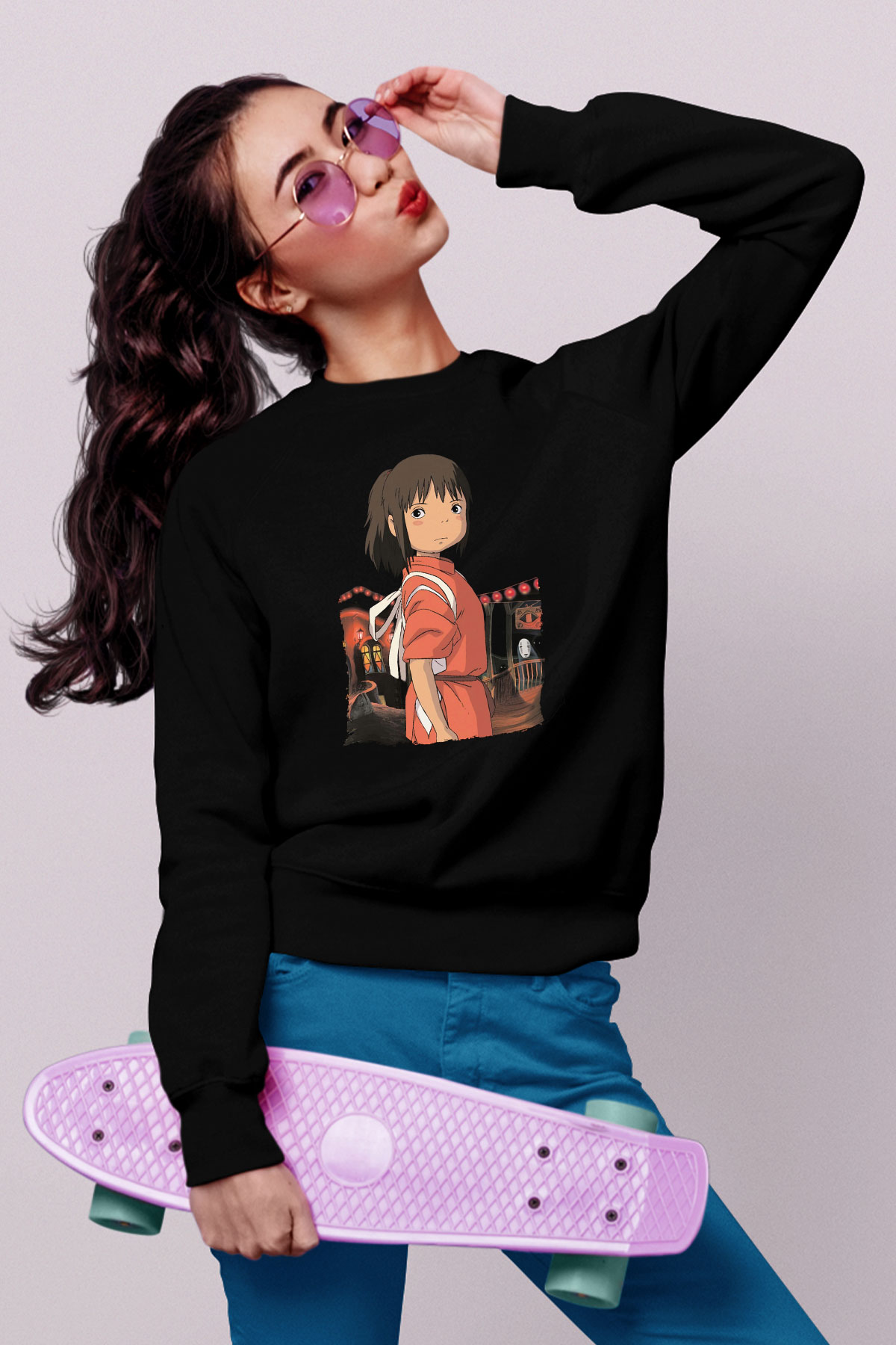 Unisex Ruhların Kaçışı (Spirited Away) Baskılı Siyah Sweatshirt