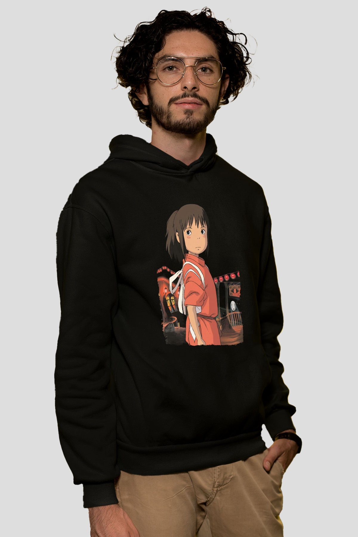 Unisex Ruhların Kaçışı (Spirited Away) Baskılı Siyah Kapüşonlu Sweatshirt