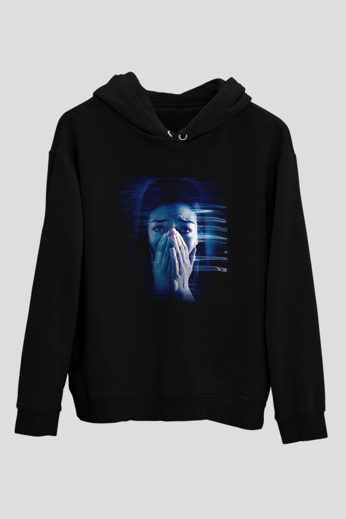Unisex Safer at Home Baskılı Siyah Kapüşonlu Sweatshirt