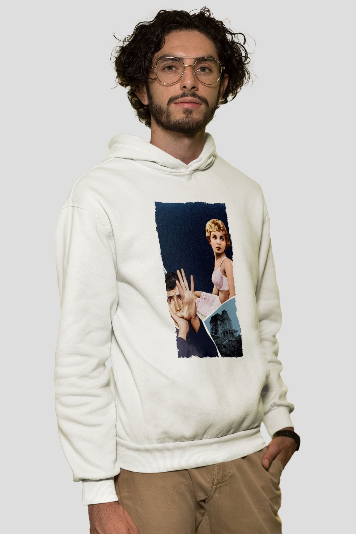 Unisex Sapık (Psycho) Baskılı Beyaz Kapüşonlu Sweatshirt