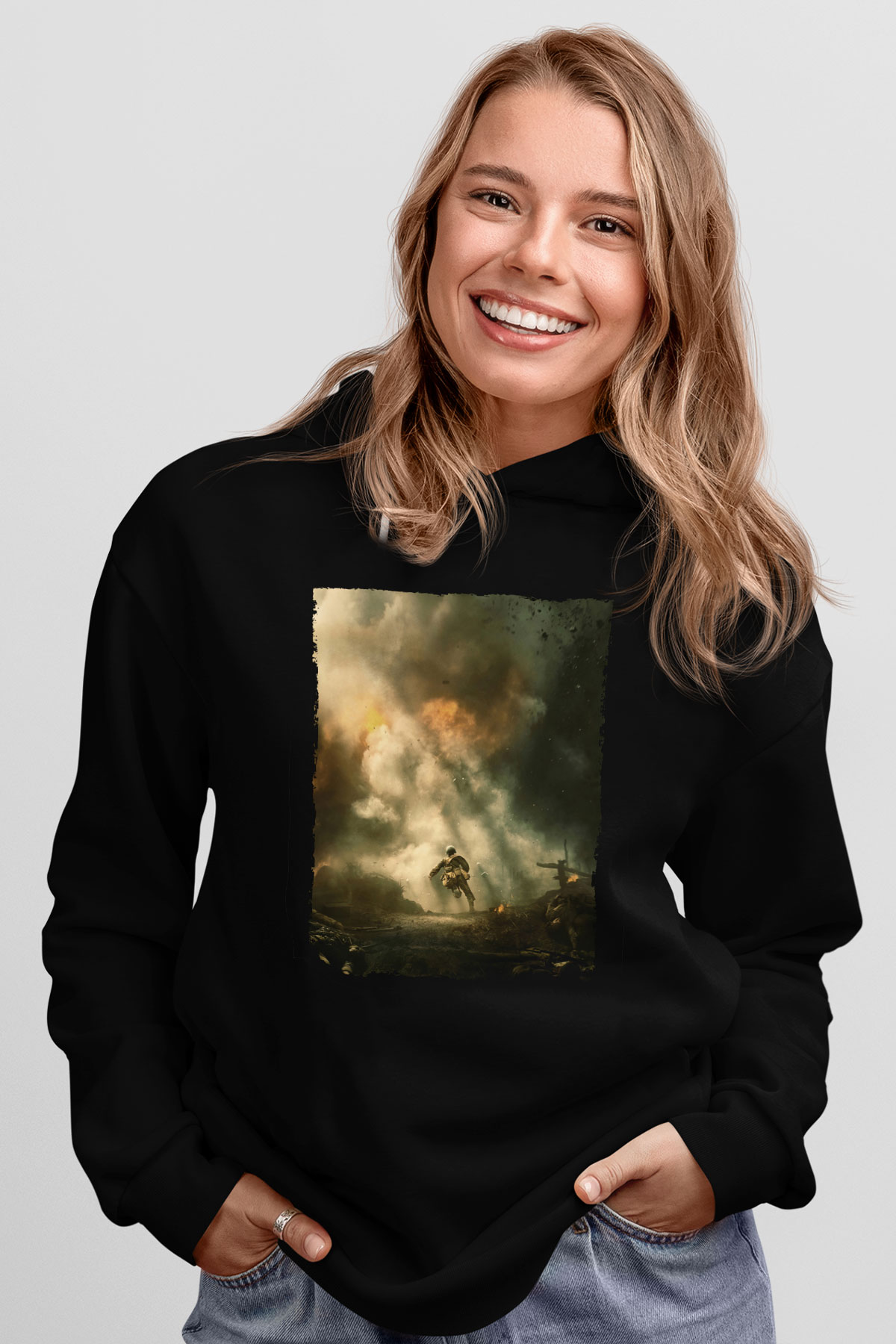 Unisex Savaş Vadisi (Hacksaw Ridge) Baskılı Siyah Kapüşonlu Sweatshirt