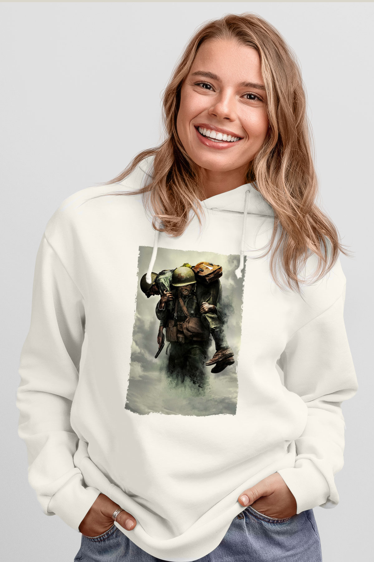 Unisex Savaş Vadisi (Hacksaw Ridge) Baskılı Beyaz Kapüşonlu Sweatshirt