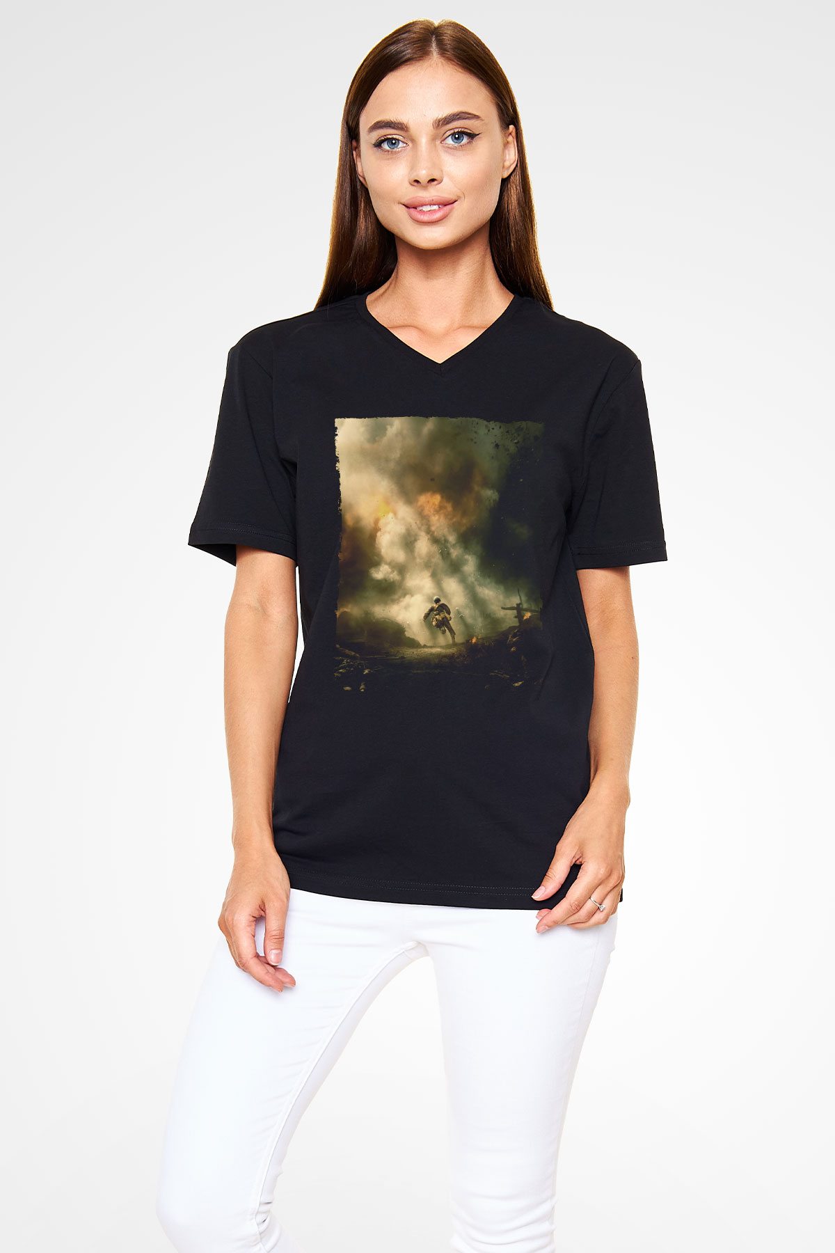 Unisex Savaş Vadisi (Hacksaw Ridge) Baskılı Siyah V Yaka Tişört