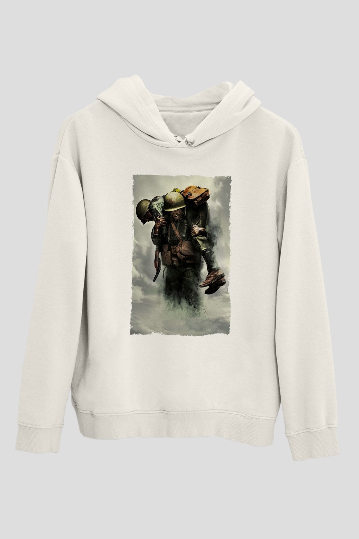 Unisex Savaş Vadisi (Hacksaw Ridge) Baskılı Beyaz Kapüşonlu Sweatshirt