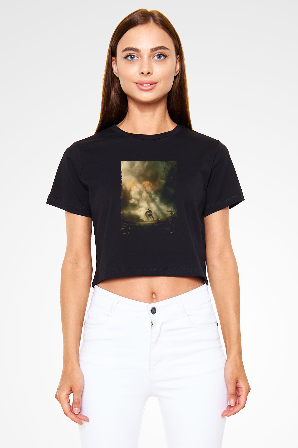 Unisex Savaş Vadisi (Hacksaw Ridge) Baskılı Siyah Crop Top Tişört