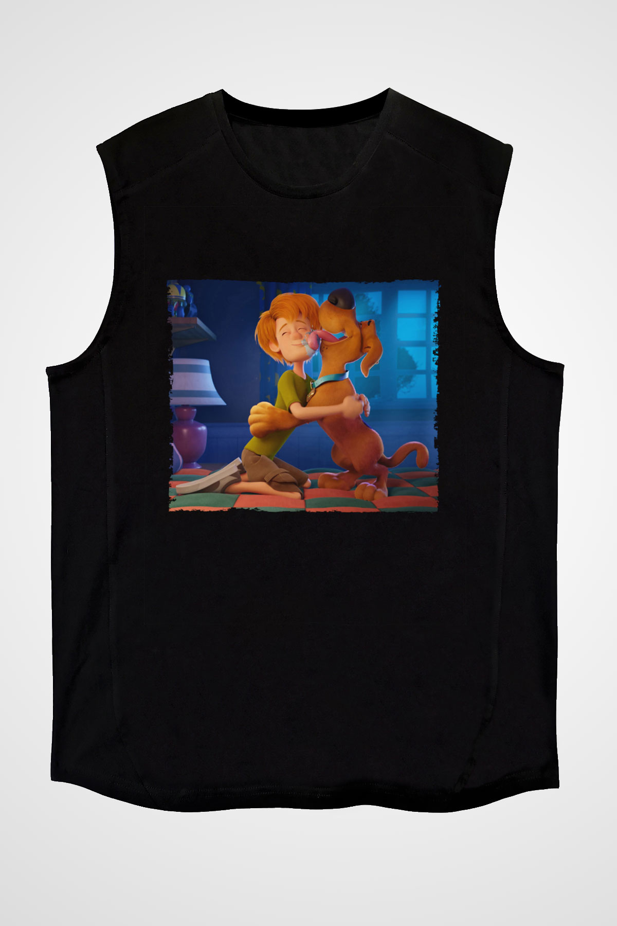 Unisex Scooby-Doo Baskılı Siyah Kolsuz Tişört