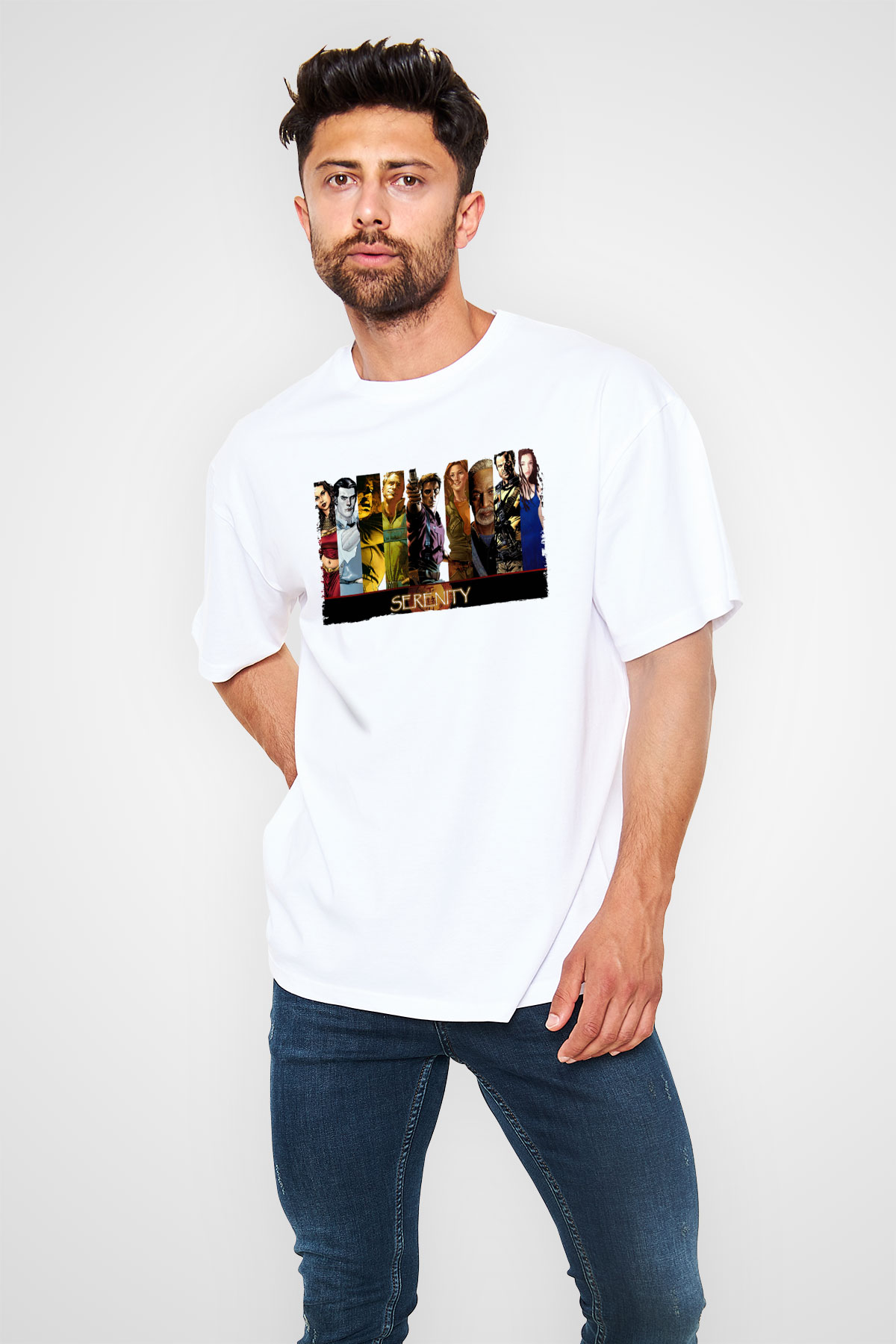 Unisex Serenity Baskılı Beyaz Oversize Oversize T-shirt