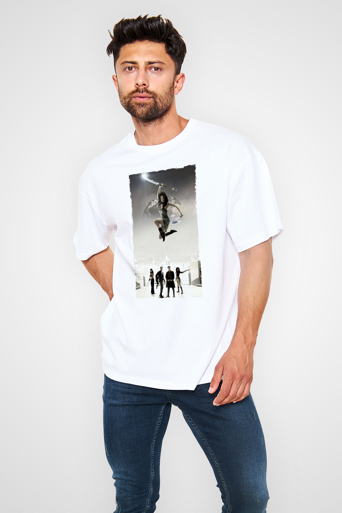 Unisex Serenity Baskılı Beyaz Oversize Tişört
