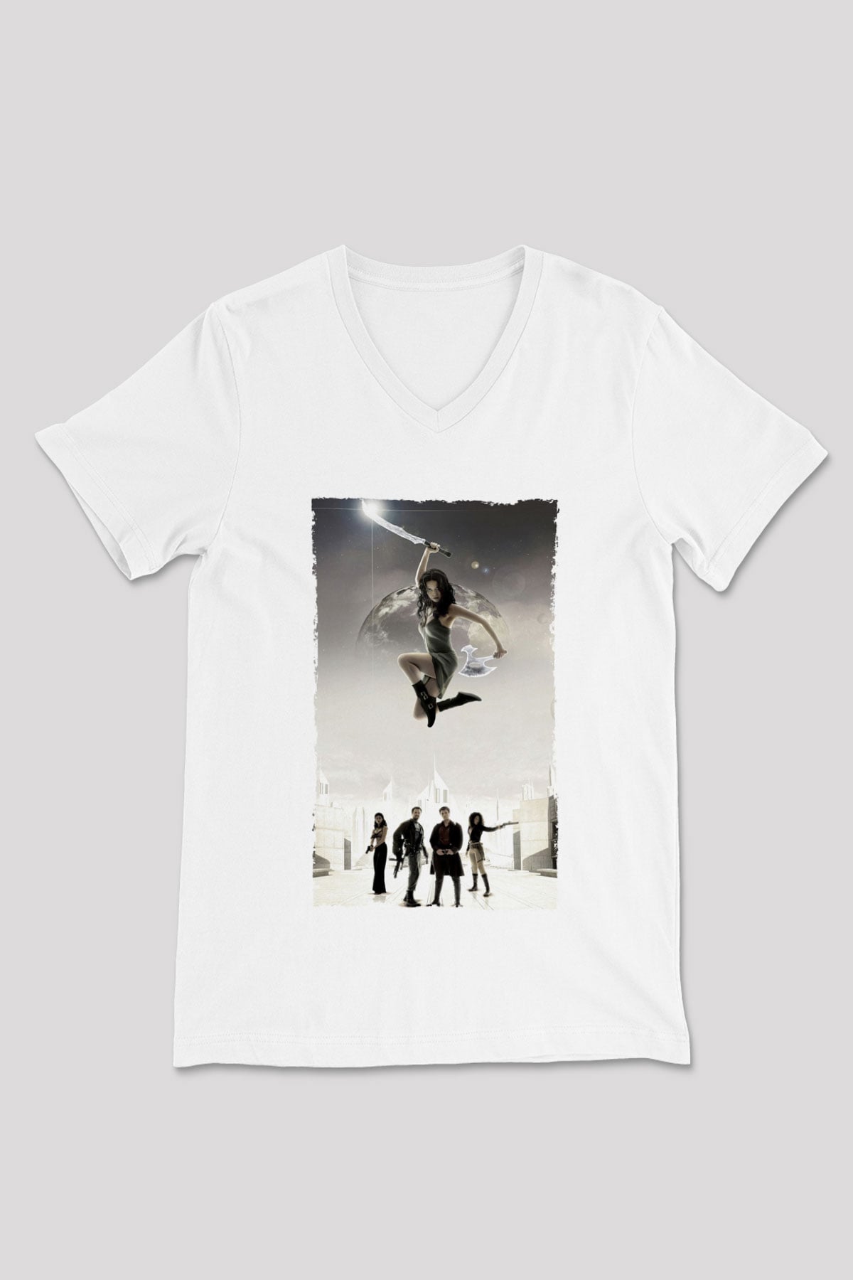 Unisex Serenity Baskılı Beyaz V Yaka Tişört
