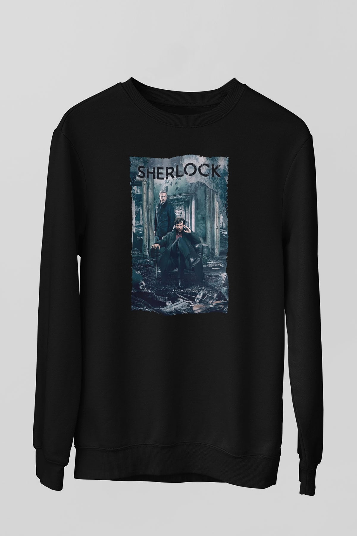 Unisex Sherlock Baskılı Siyah Sweatshirt