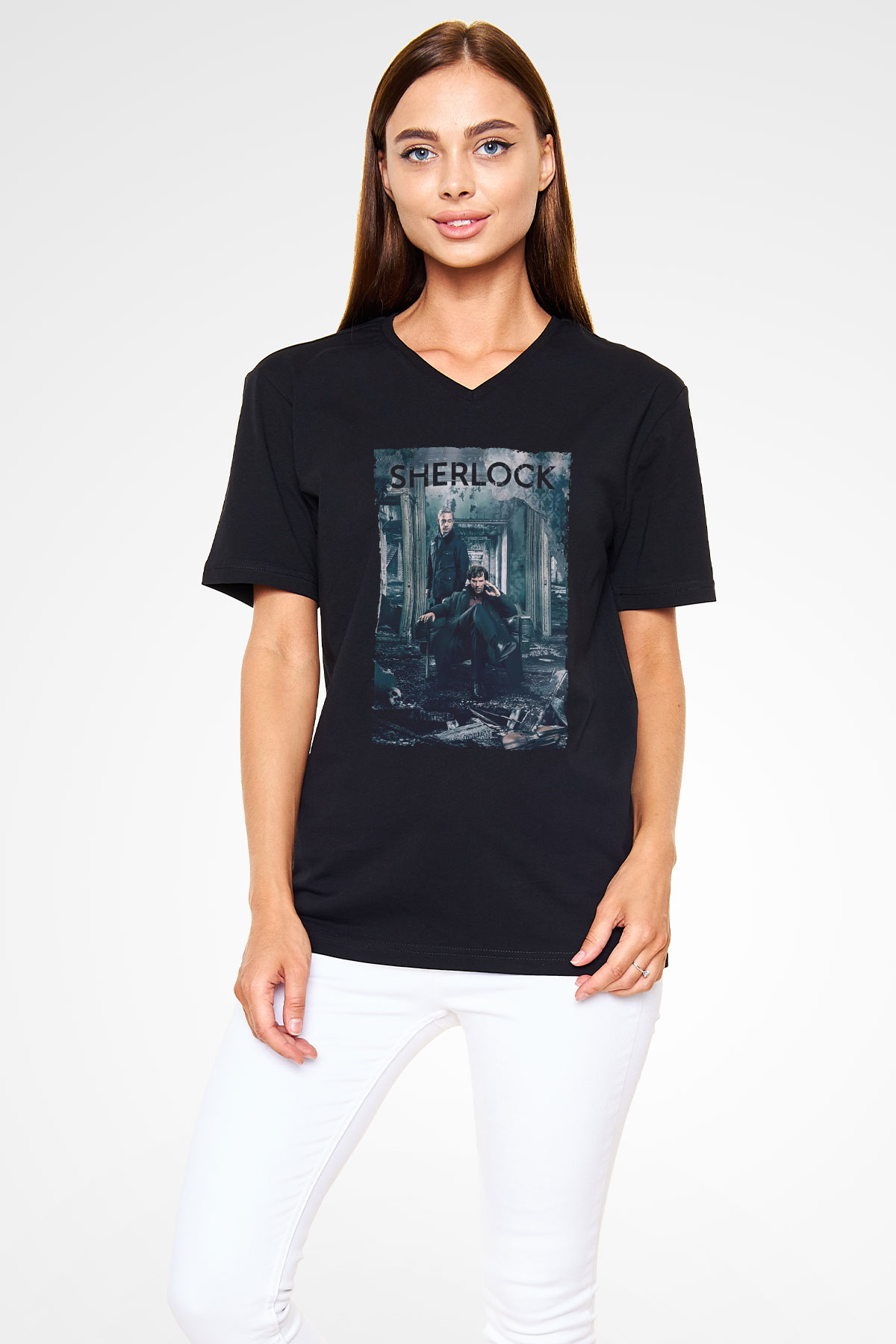 Unisex Sherlock Baskılı Siyah V Yaka Tshirt
